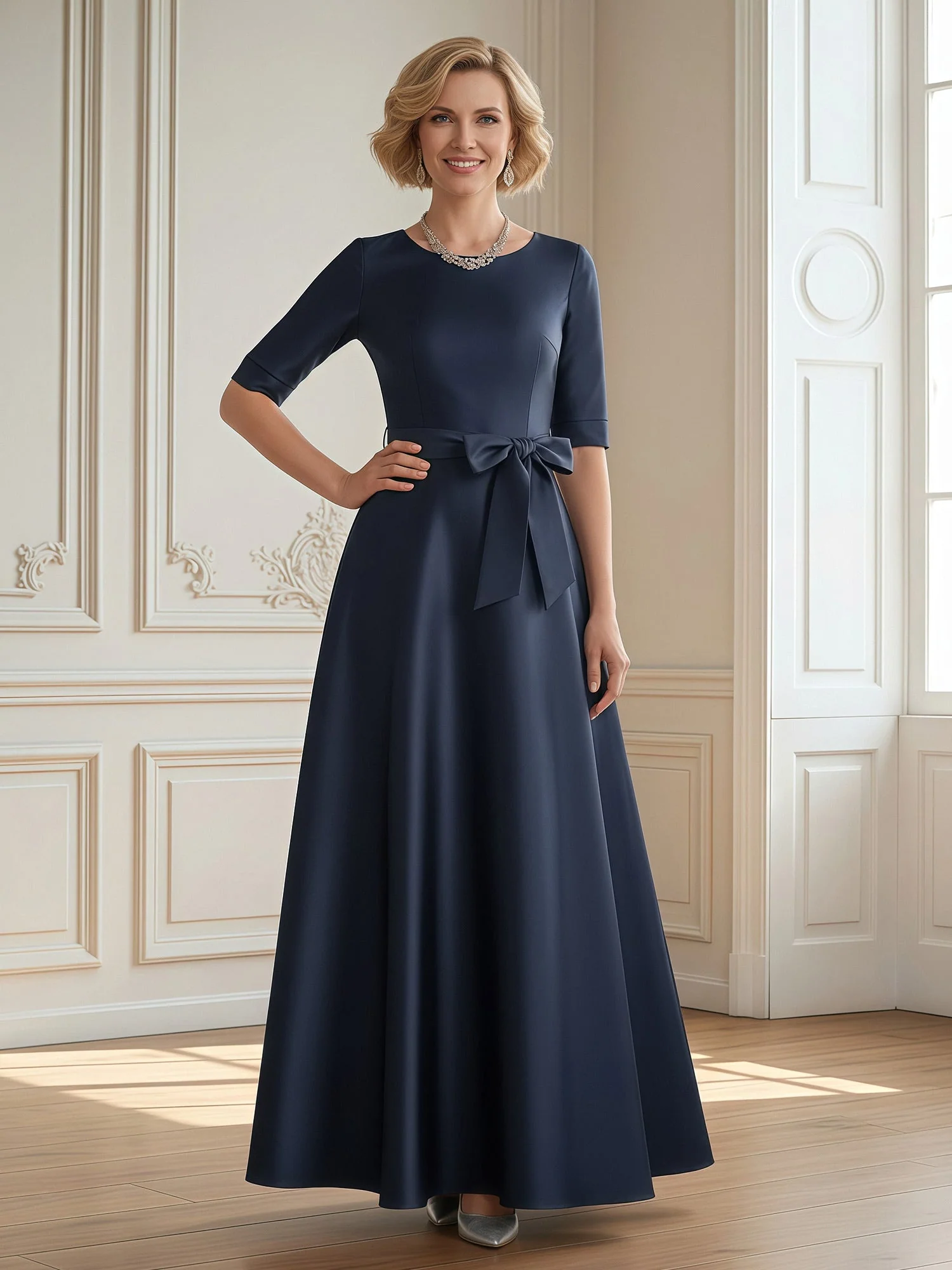 A-Line Scoop Half Sleeve Long Dress With Bow Lavender