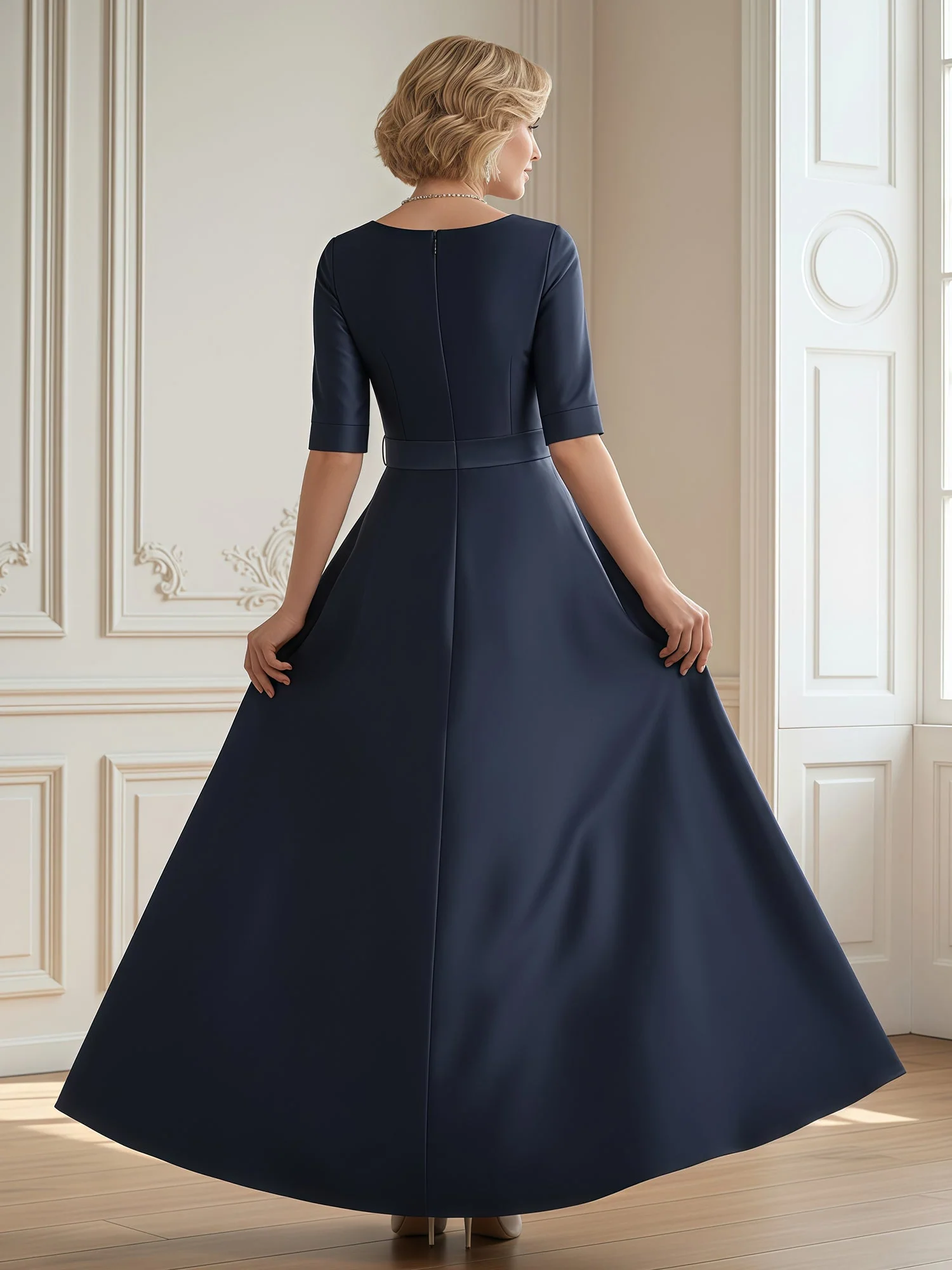 A-Line Scoop Half Sleeve Long Dress With Bow Vintage Mauve - Image 2