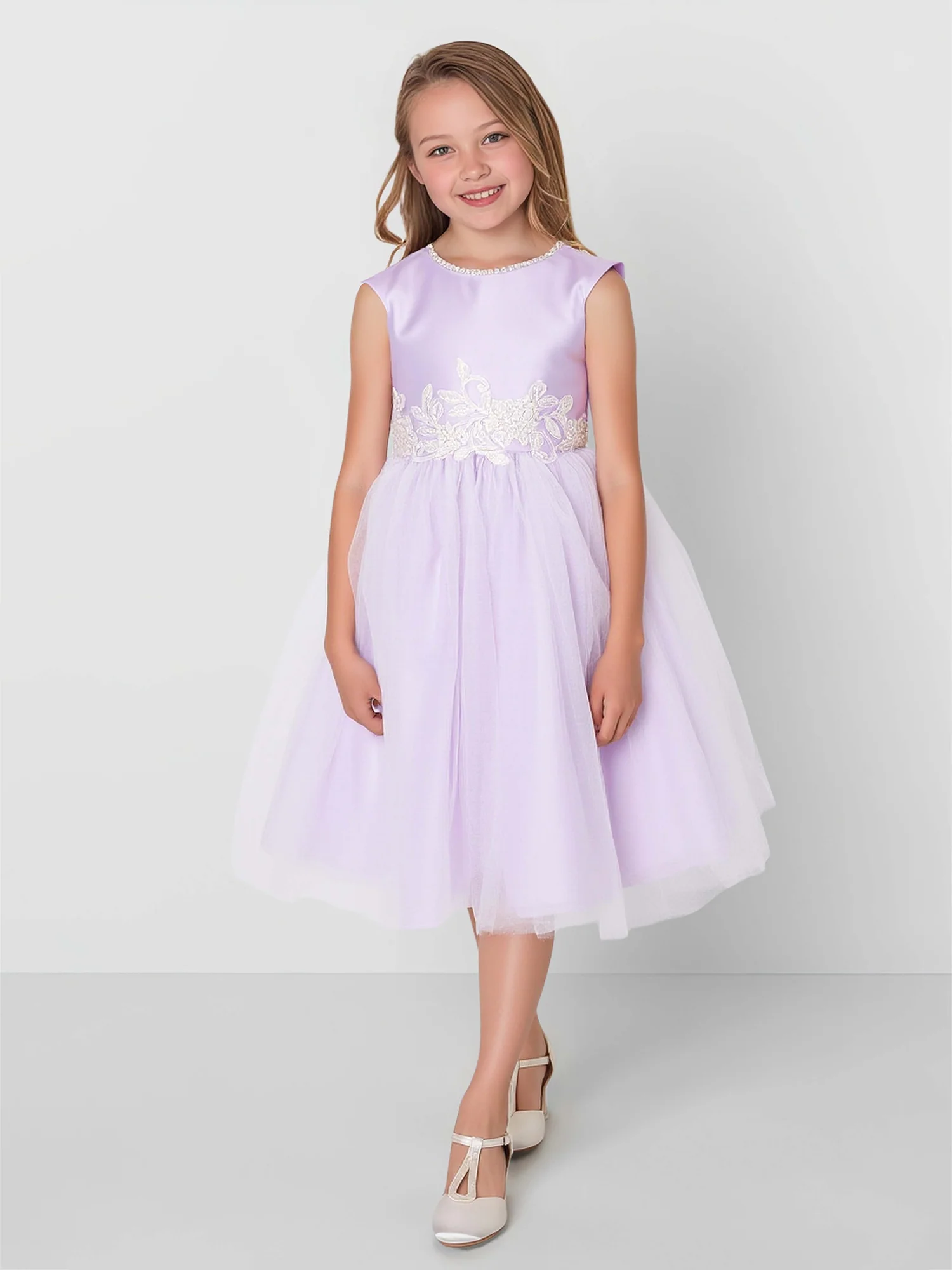 A-Line Scoop Neck Applique Tulle Flower Girl Dress Lilac