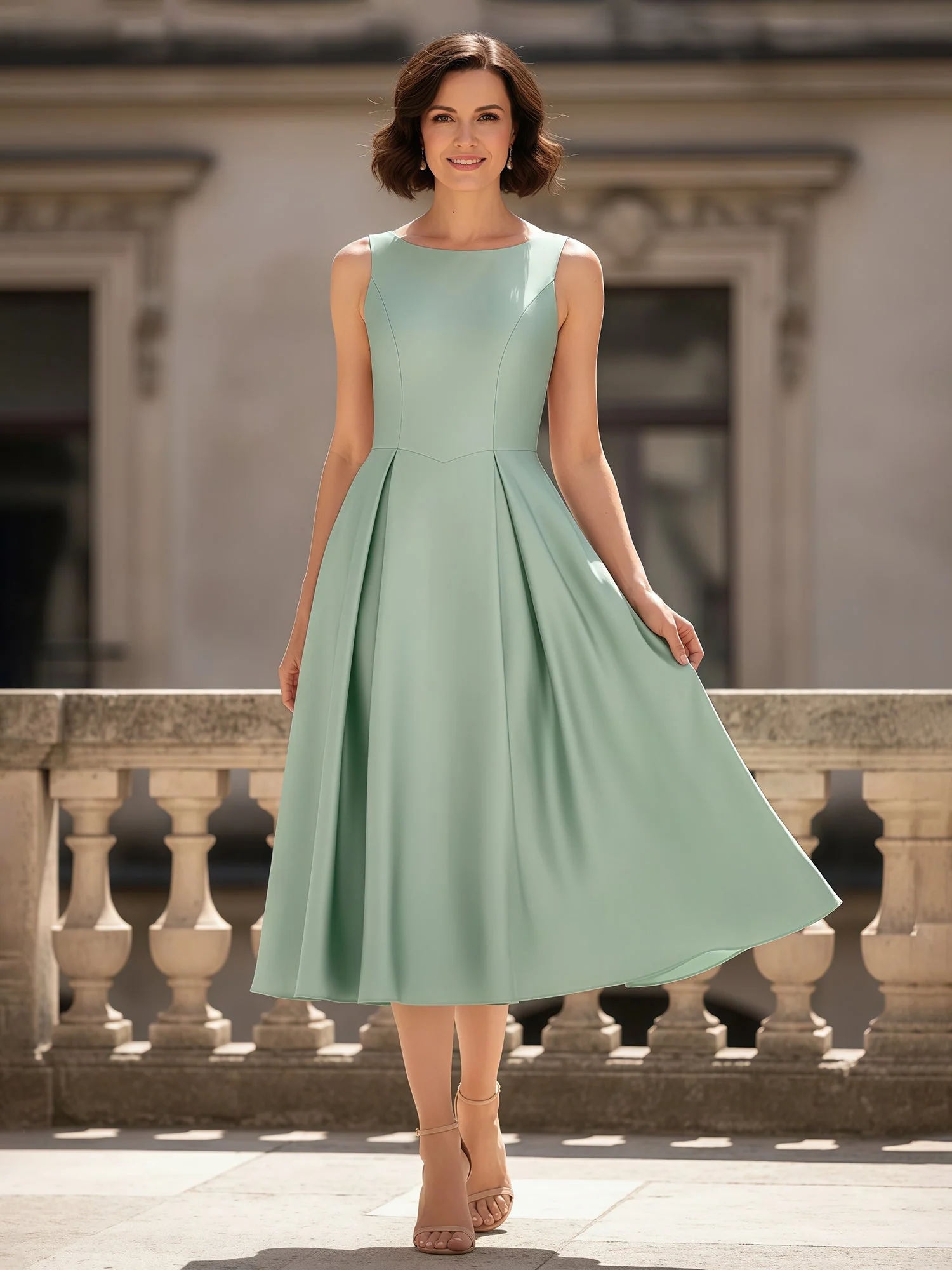 A-Line Scoop Neck Ruched Tea-Length Satin Dress Ink Blue