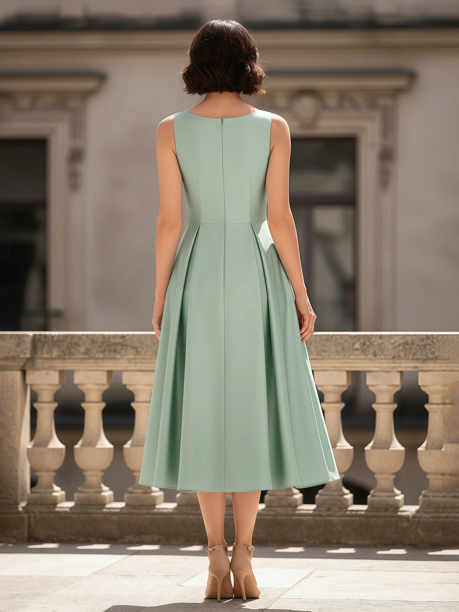 A-Line Scoop Neck Ruched Tea-Length Satin Dress Lilac - Image 2
