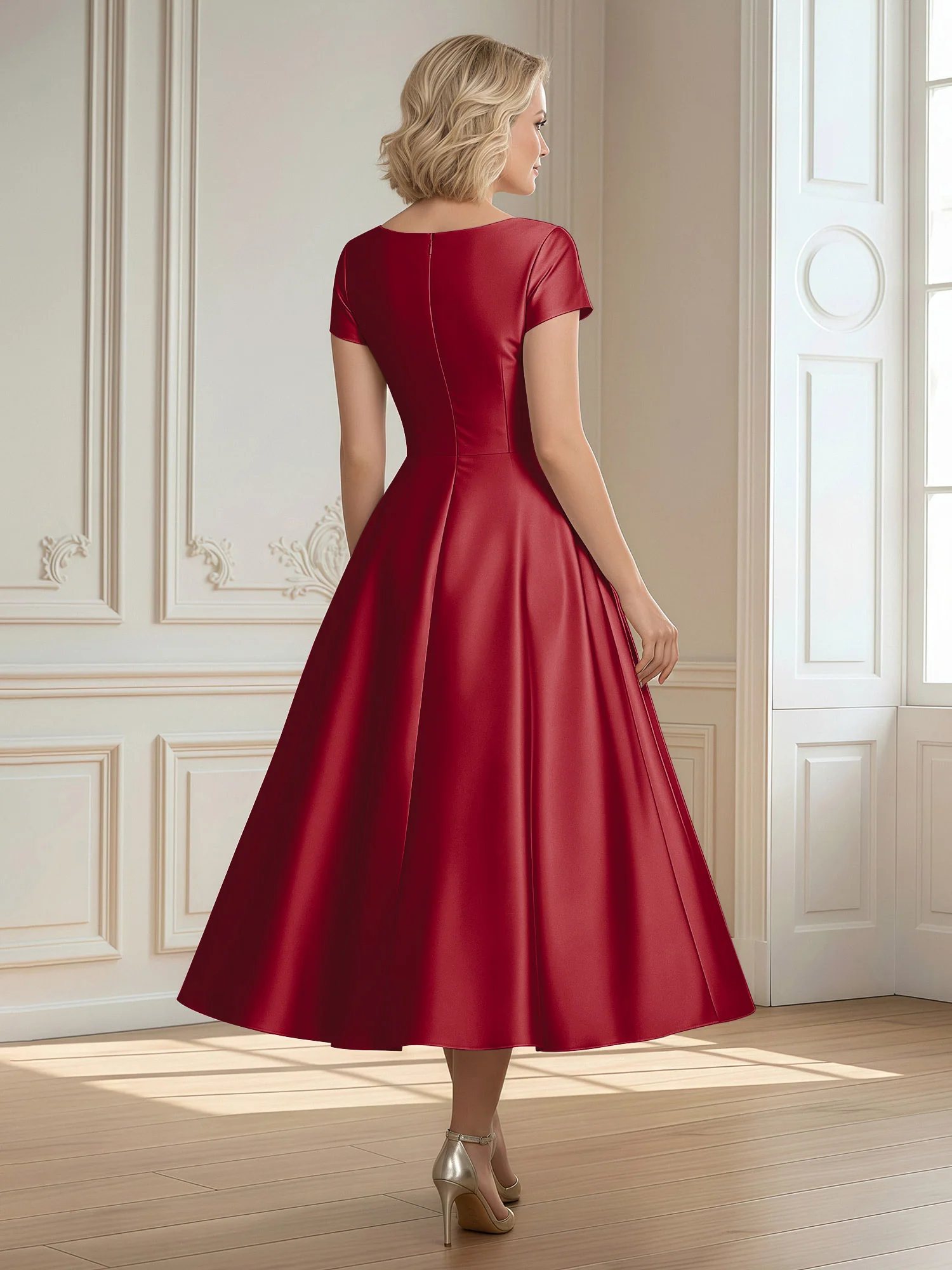 A-Line Scoop Satin Tea-Length Dress With Pleated Burgundy - Image 2