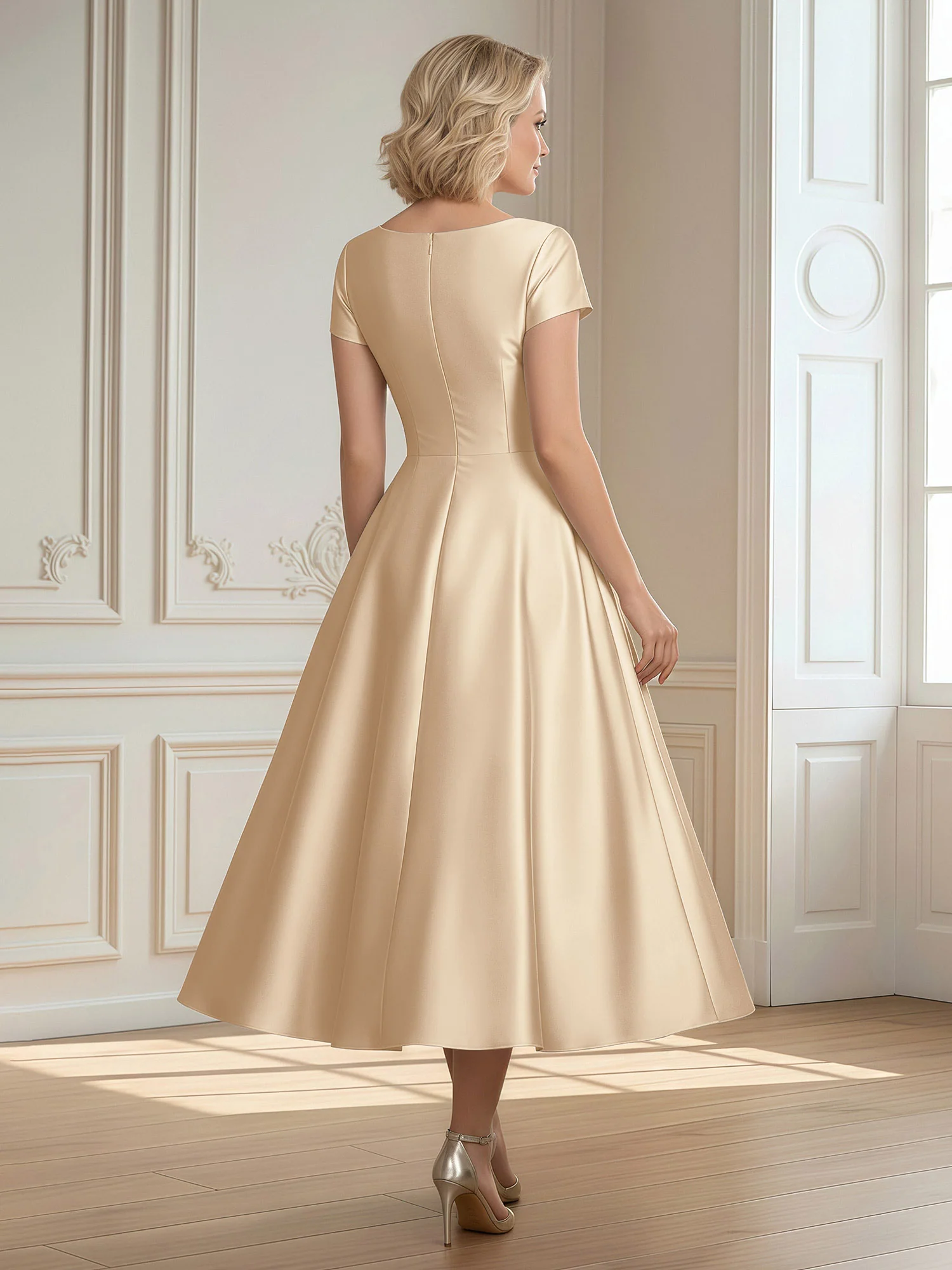 A-Line Scoop Satin Tea-Length Dress With Pleated Champagne - Image 2