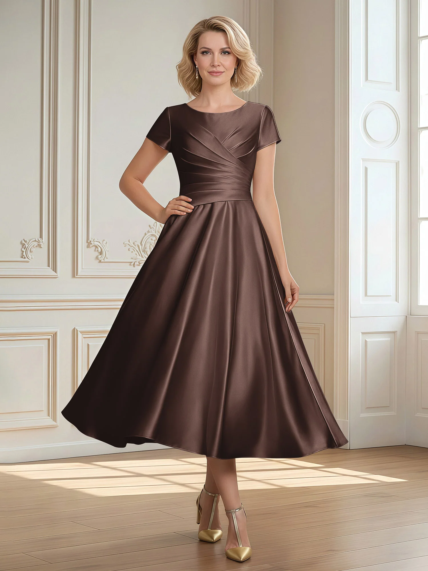 A-Line Scoop Satin Tea-Length Dress With Pleated Chocolate