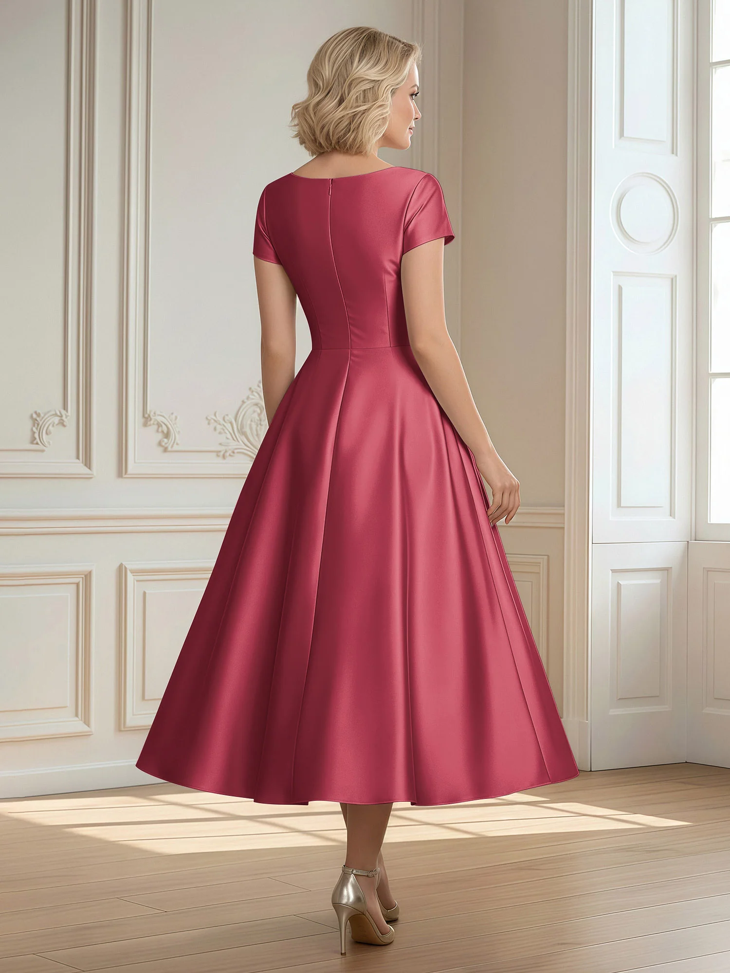 A-Line Scoop Satin Tea-Length Dress With Pleated Cinnamon Rose - Image 2