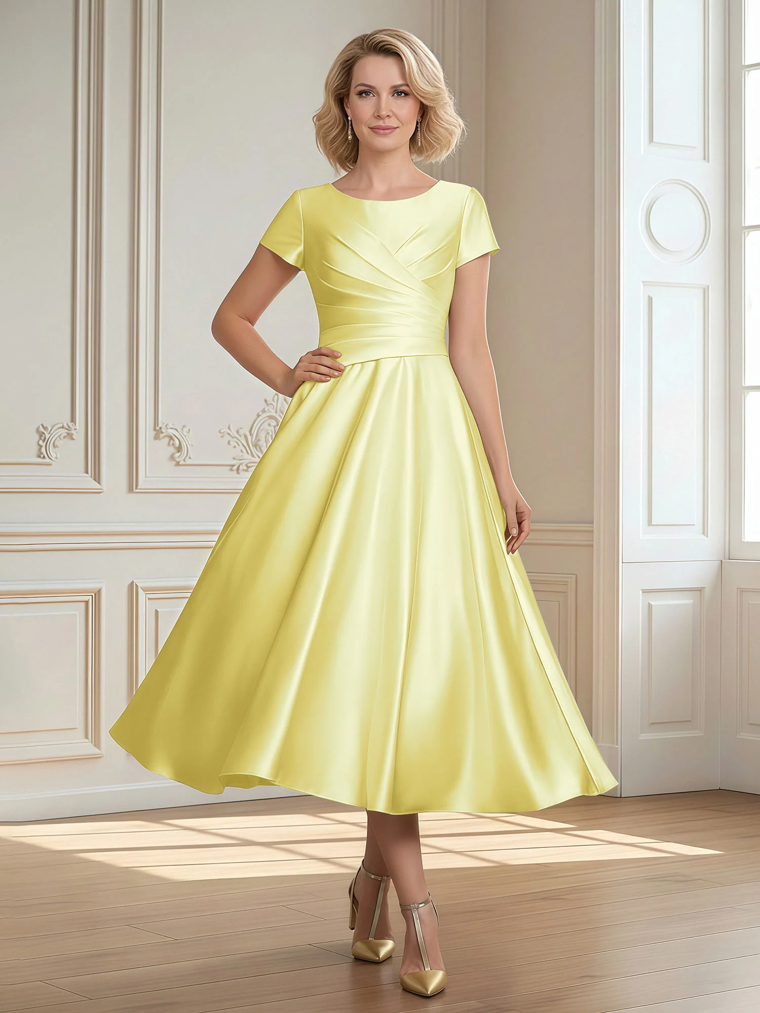 A-Line Scoop Satin Tea-Length Dress With Pleated Daffodil