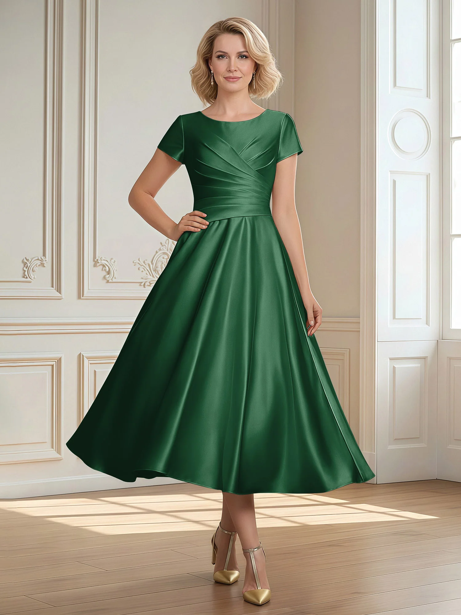 A-Line Scoop Satin Tea-Length Dress With Pleated Dark Green