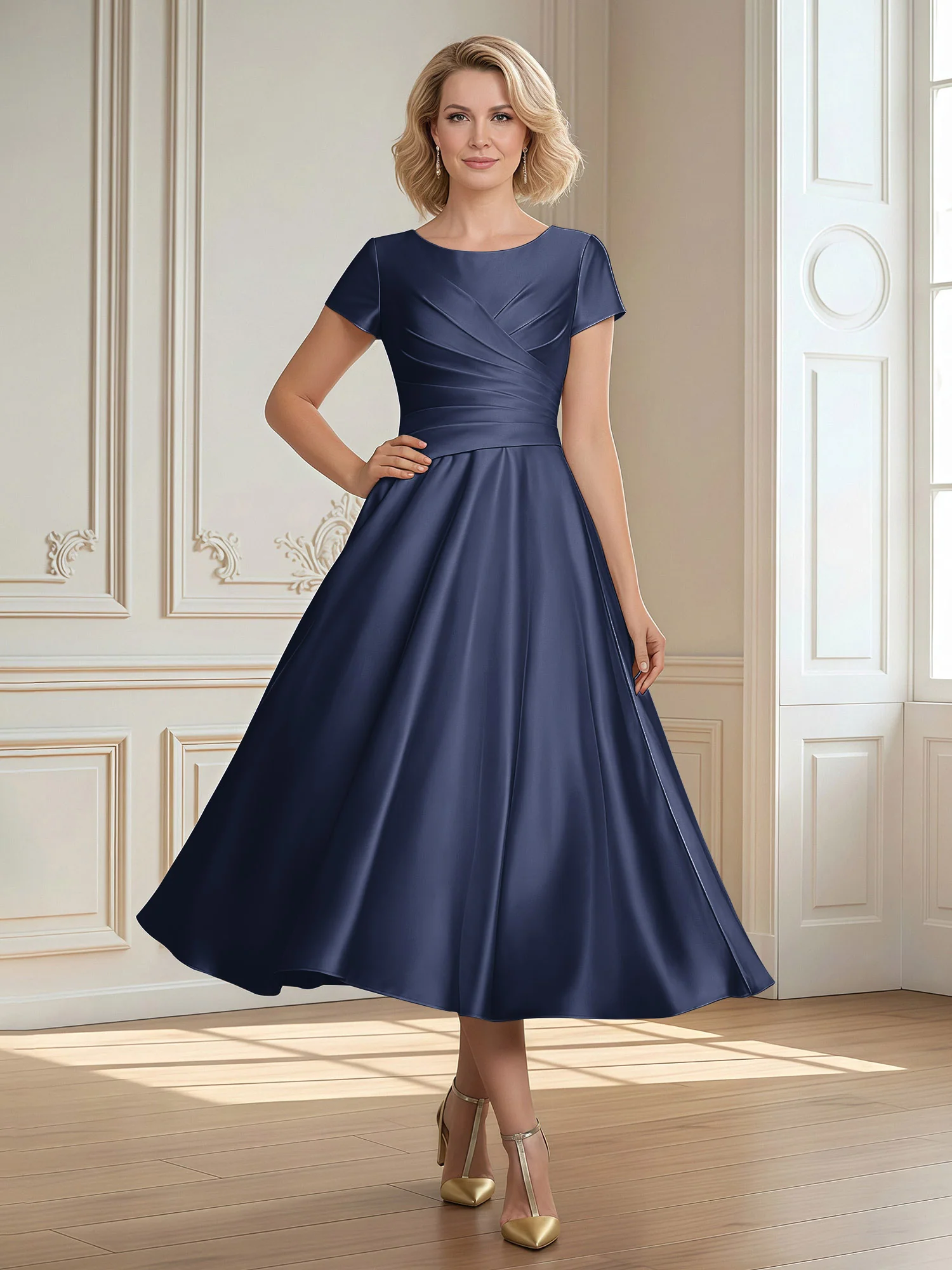 A-Line Scoop Satin Tea-Length Dress With Pleated Dark Navy