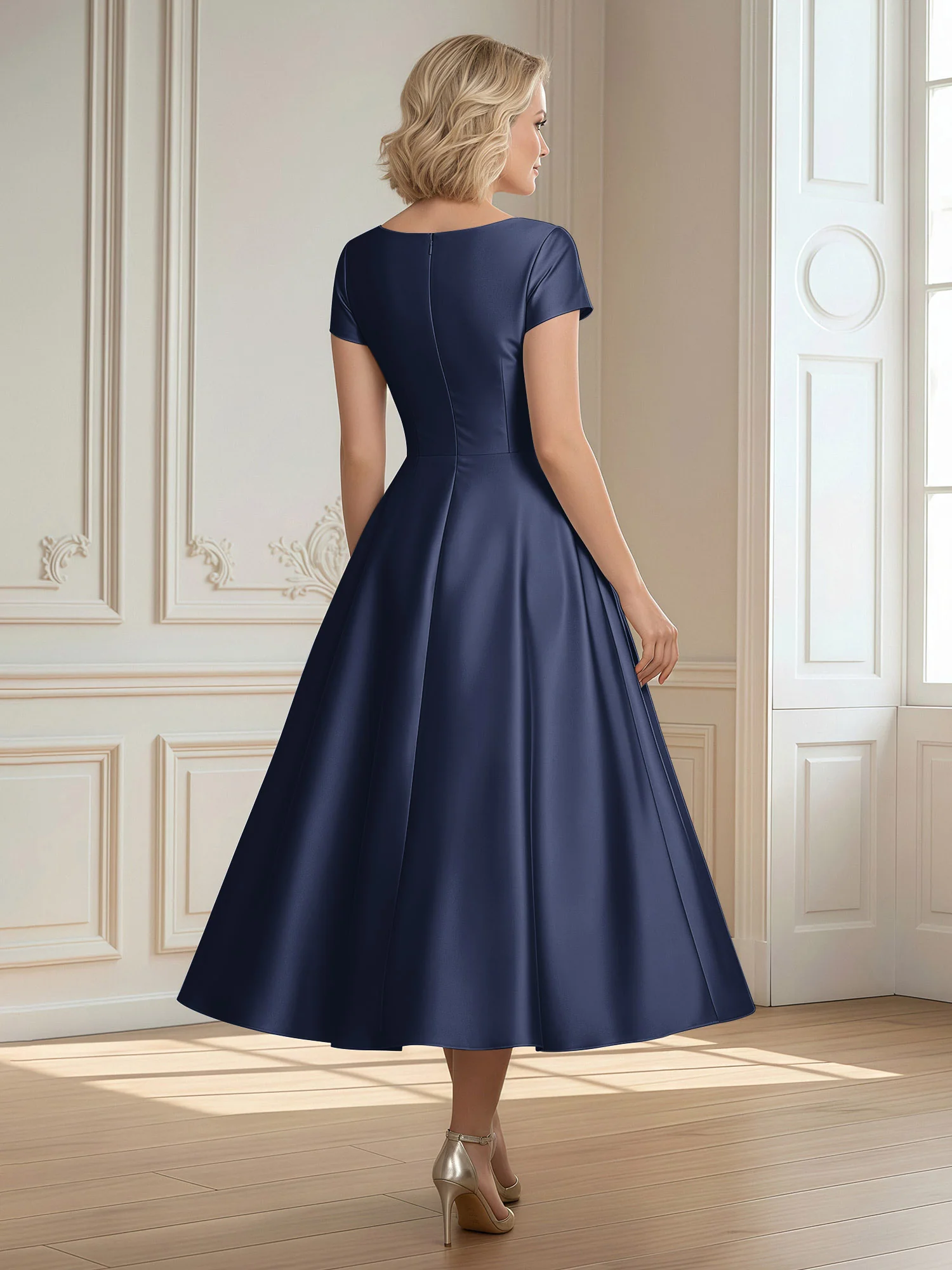A-Line Scoop Satin Tea-Length Dress With Pleated Dark Navy - Image 2