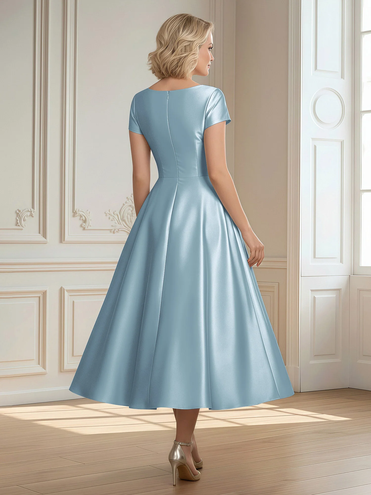 A-Line Scoop Satin Tea-Length Dress With Pleated Dusty Blue - Image 2