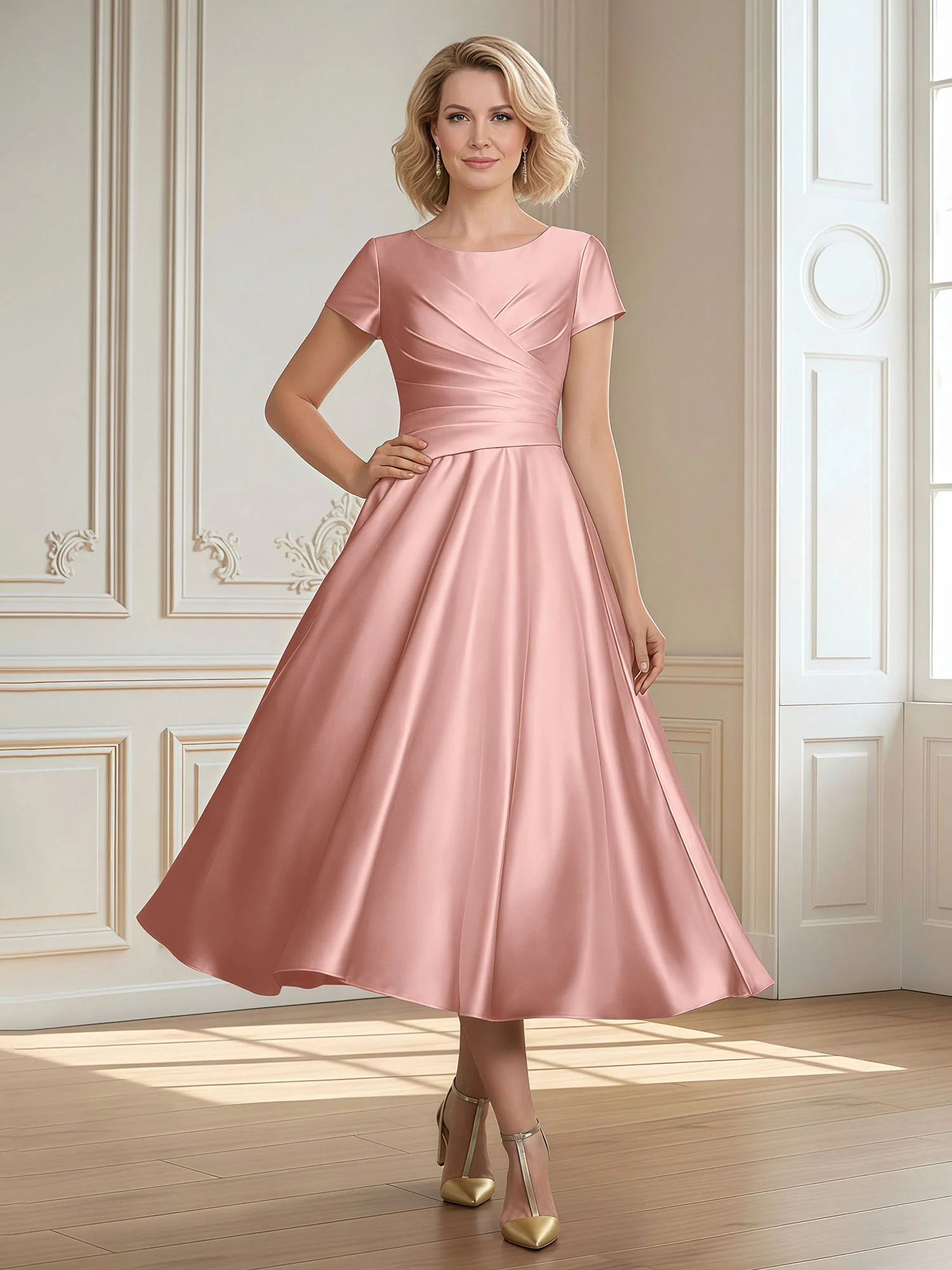 A-Line Scoop Satin Tea-Length Dress With Pleated Dusty Rose