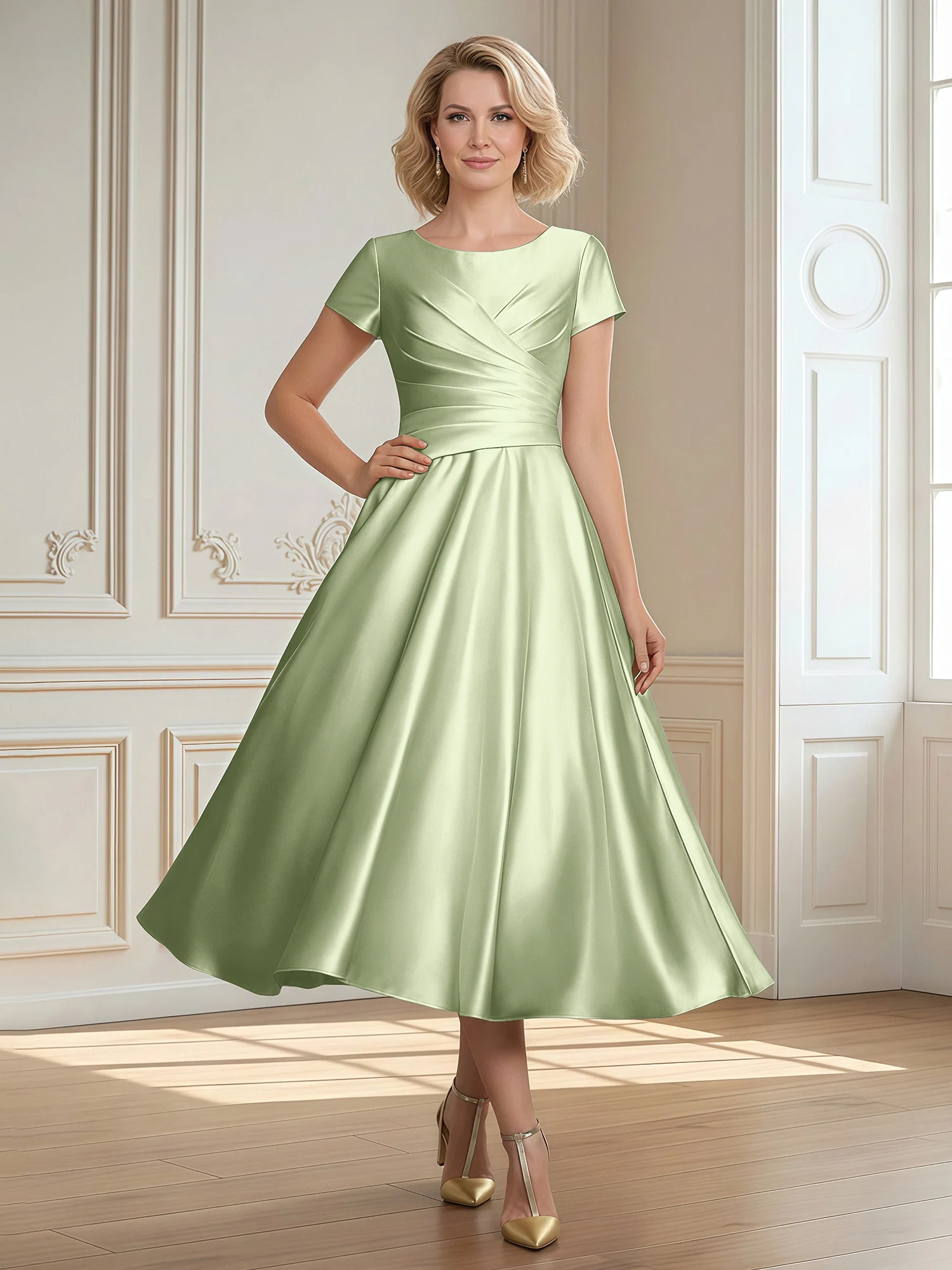 A-Line Scoop Satin Tea-Length Dress With Pleated Dusty Sage