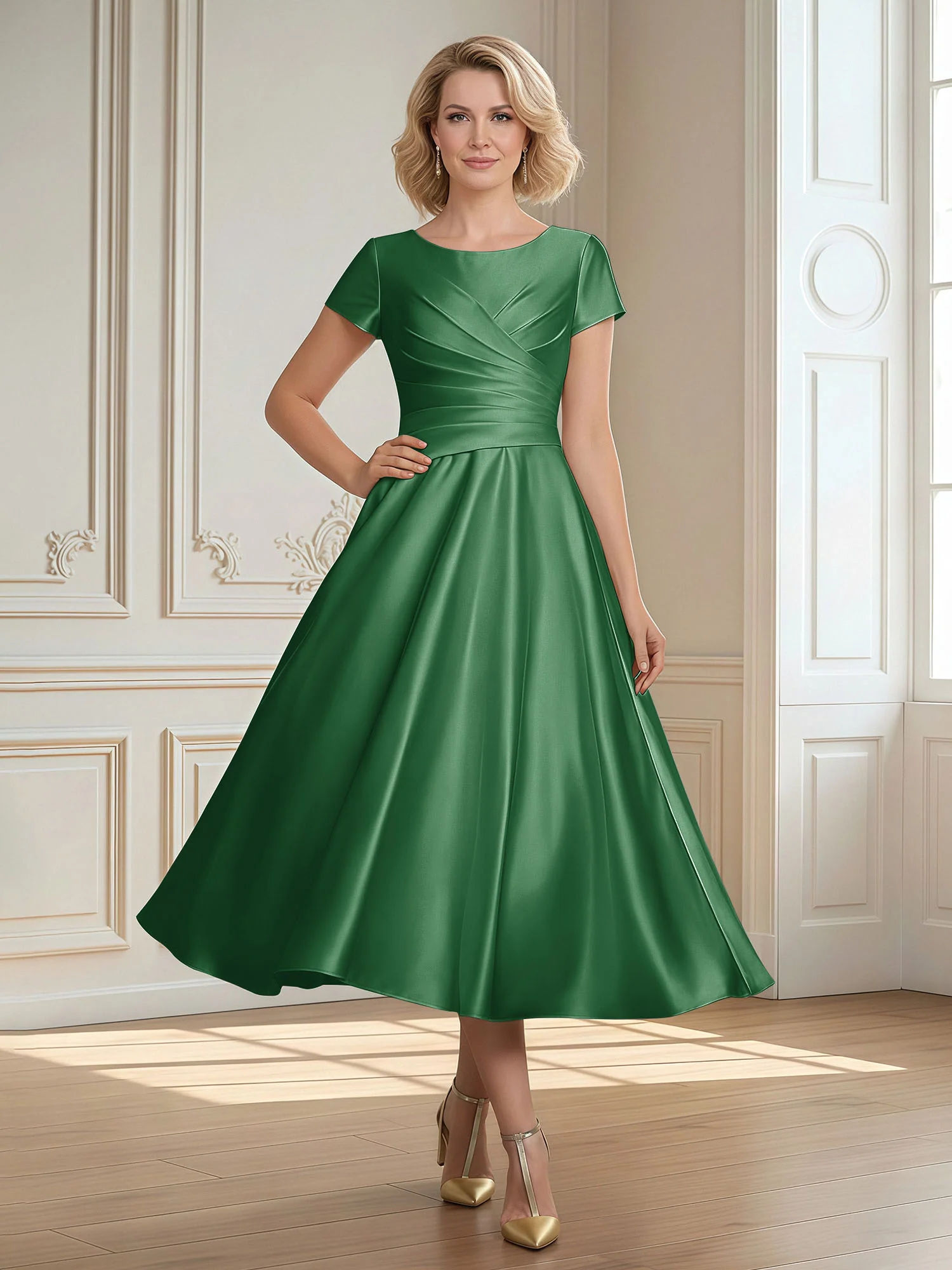 A-Line Scoop Satin Tea-Length Dress With Pleated Emerald