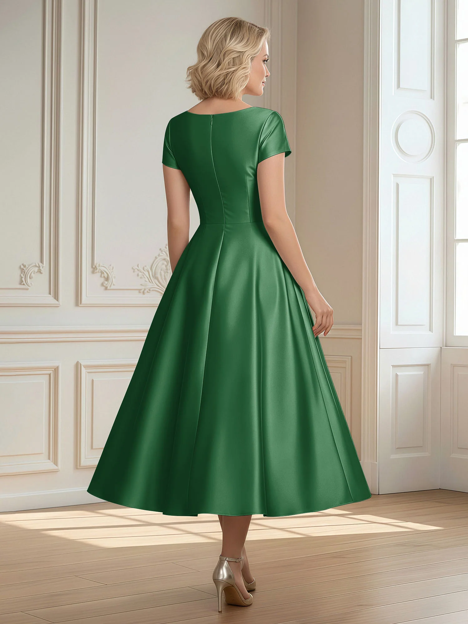 A-Line Scoop Satin Tea-Length Dress With Pleated Emerald - Image 2