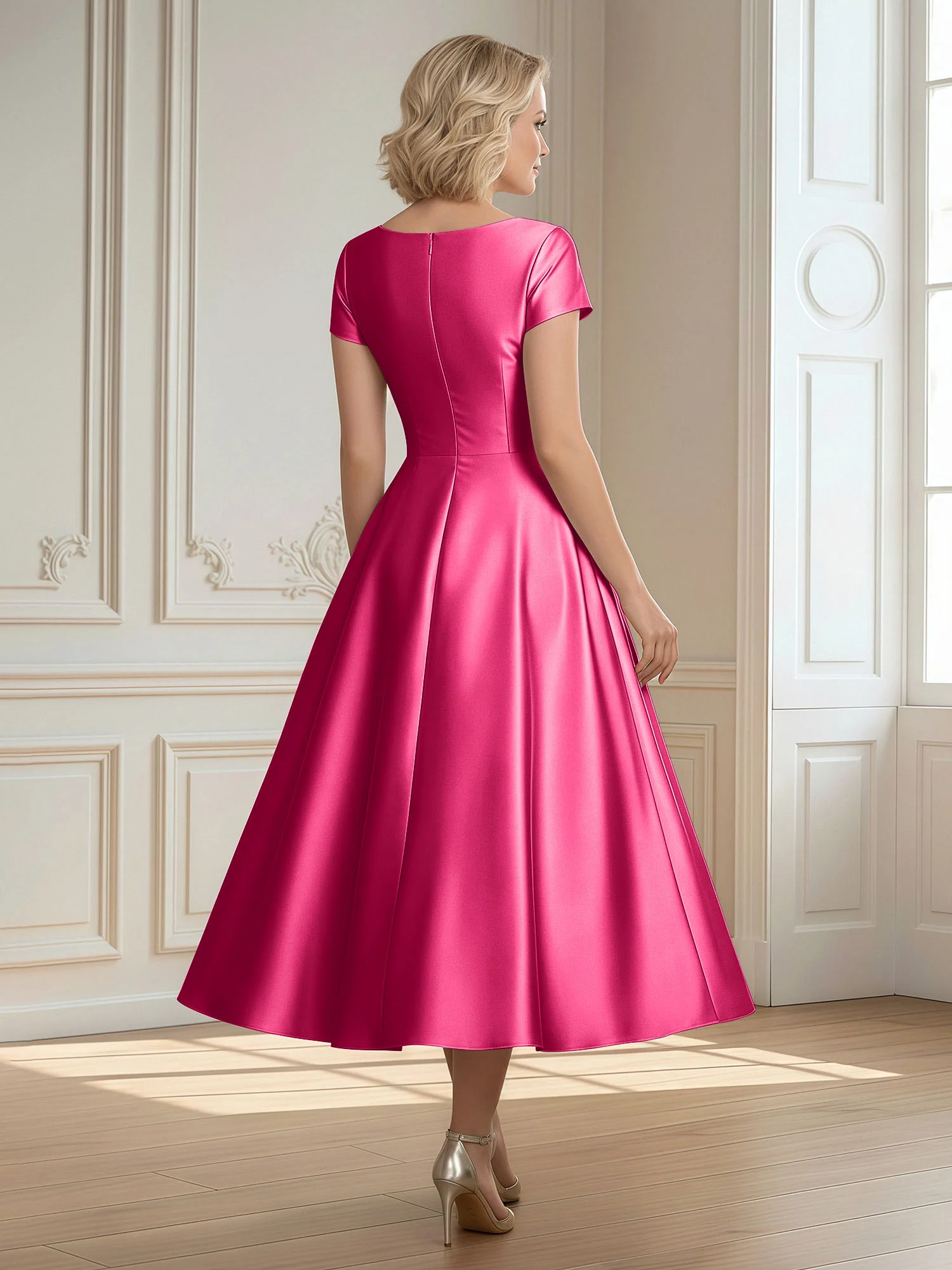 A-Line Scoop Satin Tea-Length Dress With Pleated Fuchsia - Image 2