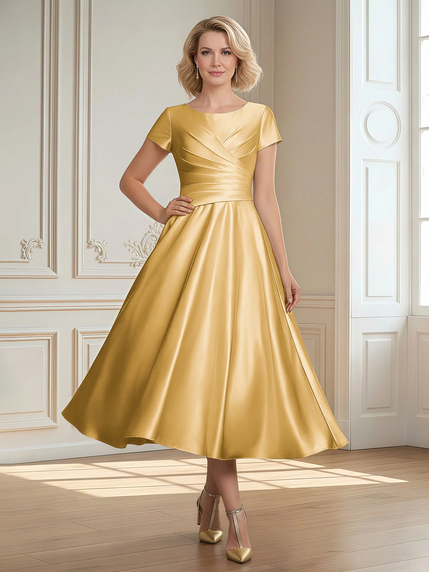 A-Line Scoop Satin Tea-Length Dress With Pleated Gold