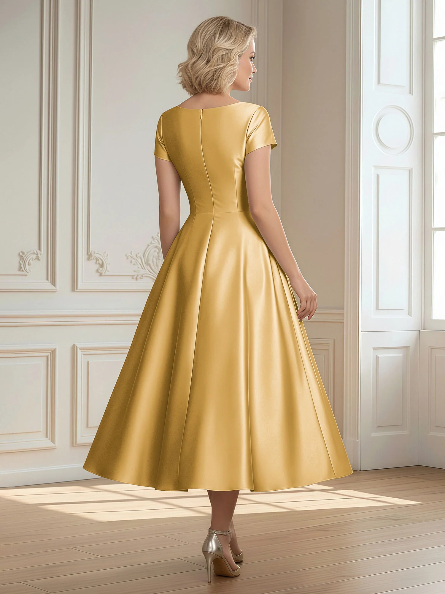 A-Line Scoop Satin Tea-Length Dress With Pleated Gold - Image 2