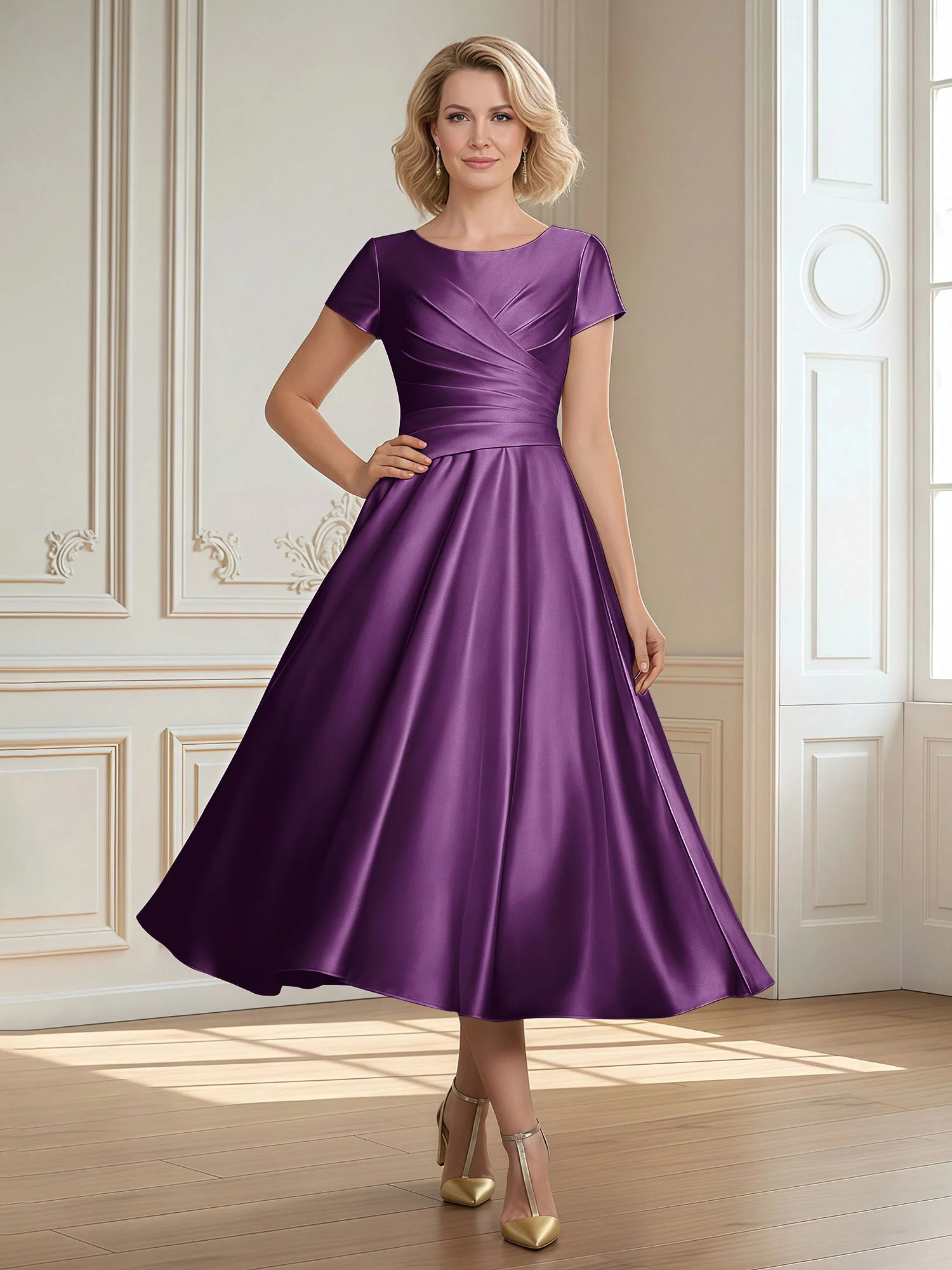 A-Line Scoop Satin Tea-Length Dress With Pleated Grape