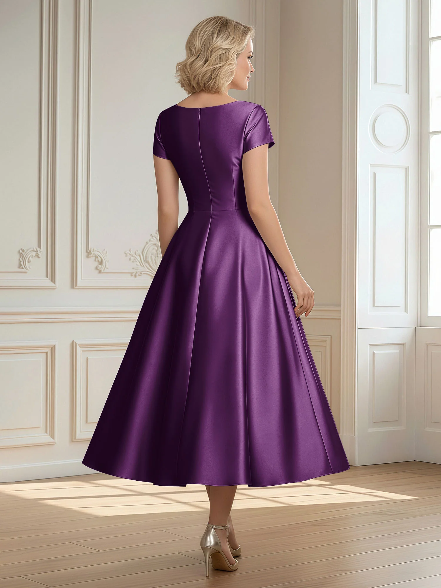 A-Line Scoop Satin Tea-Length Dress With Pleated Grape - Image 2