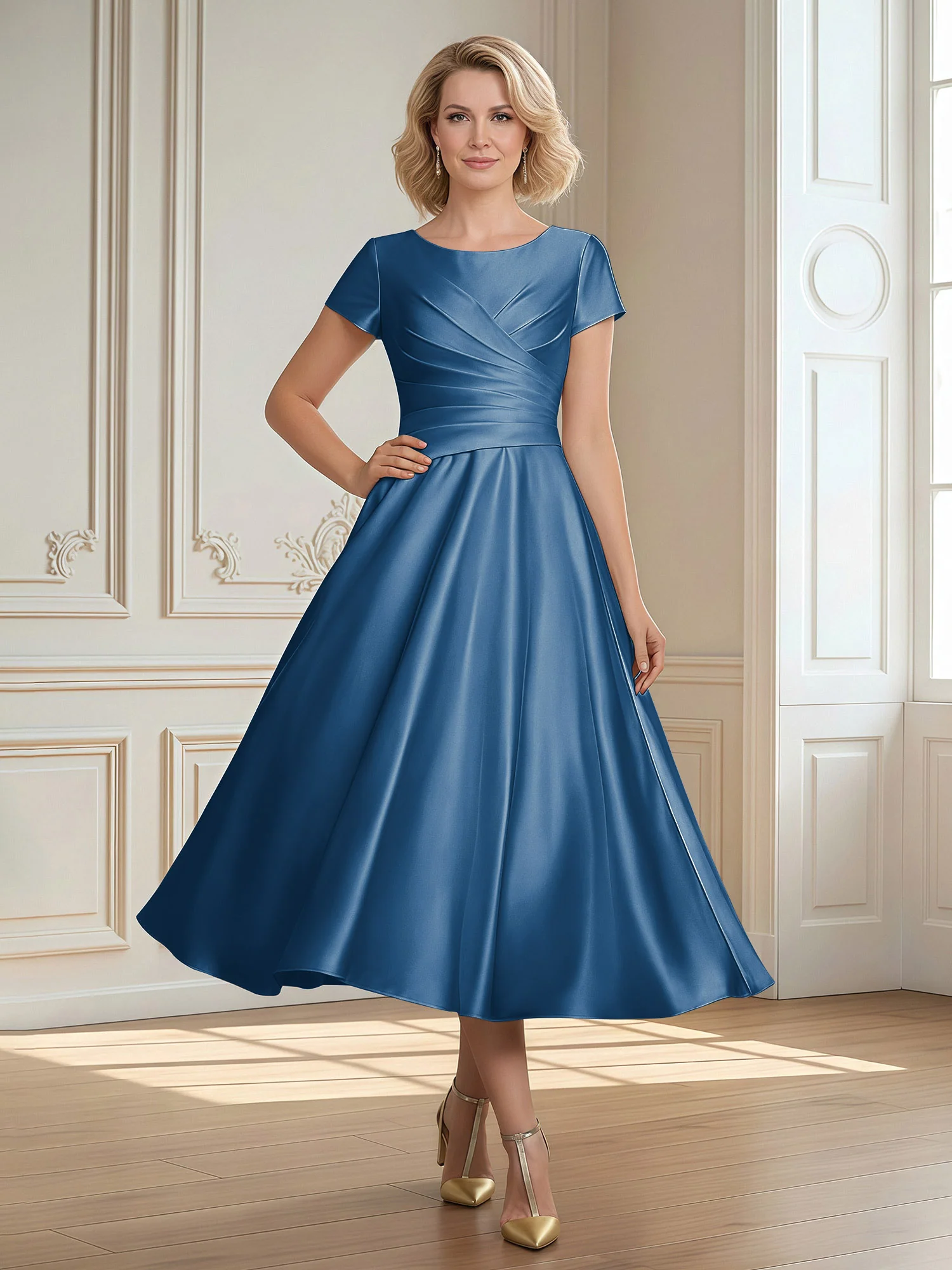A-Line Scoop Satin Tea-Length Dress With Pleated Ink Blue