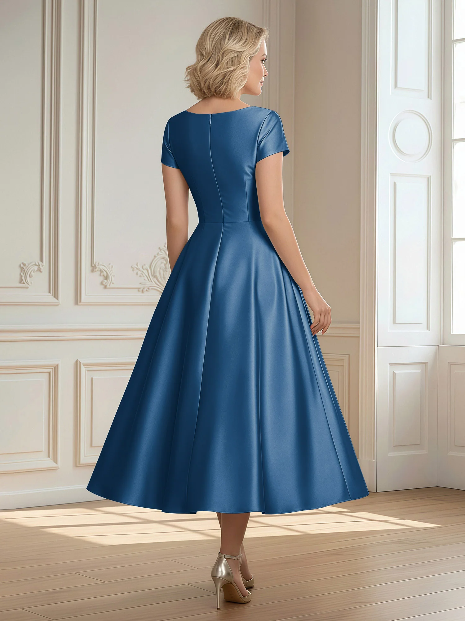 A-Line Scoop Satin Tea-Length Dress With Pleated Ink Blue - Image 2