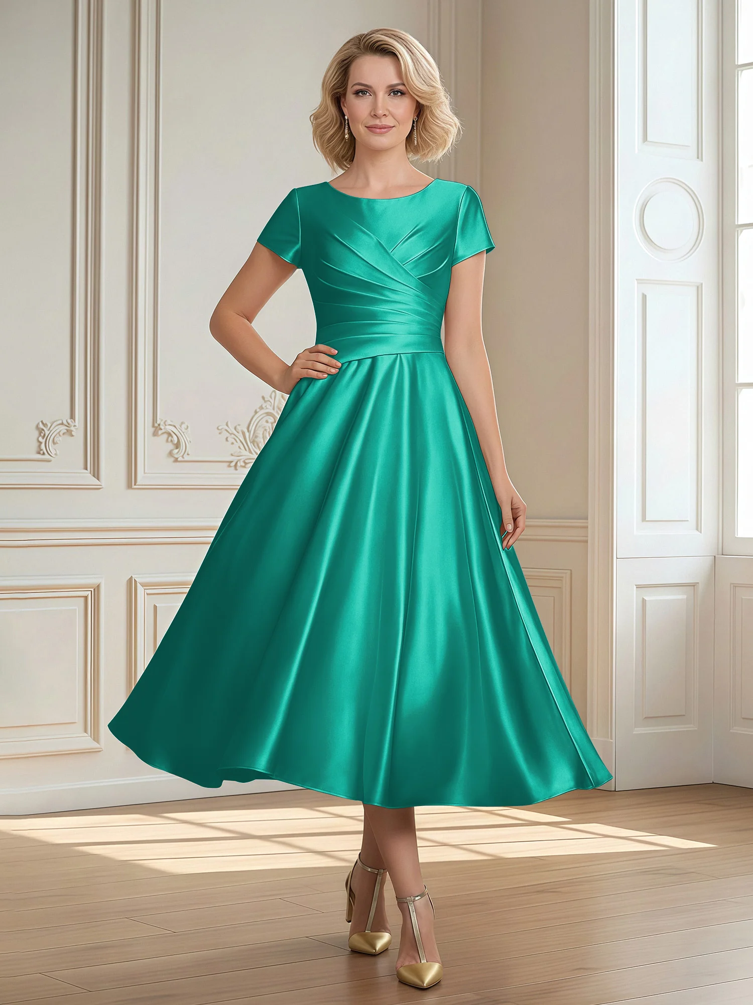 A-Line Scoop Satin Tea-Length Dress With Pleated Jade