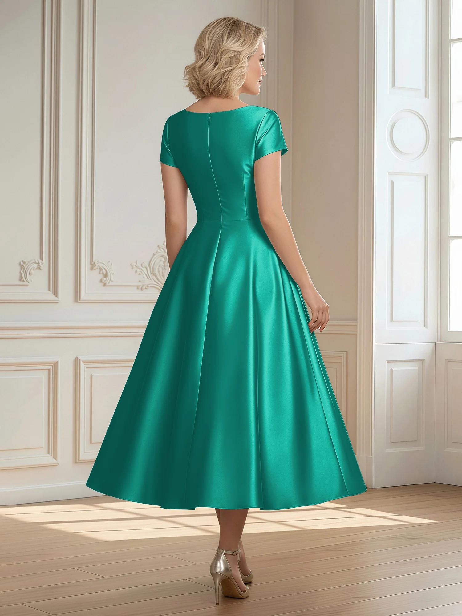 A-Line Scoop Satin Tea-Length Dress With Pleated Jade - Image 2