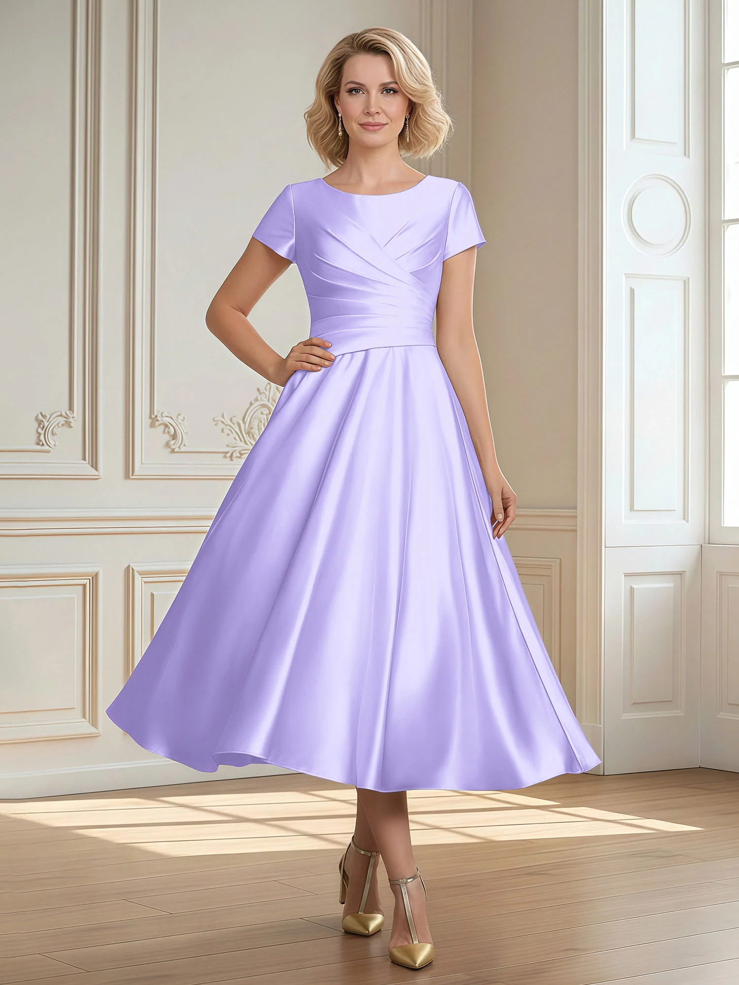A-Line Scoop Satin Tea-Length Dress With Pleated Lilac