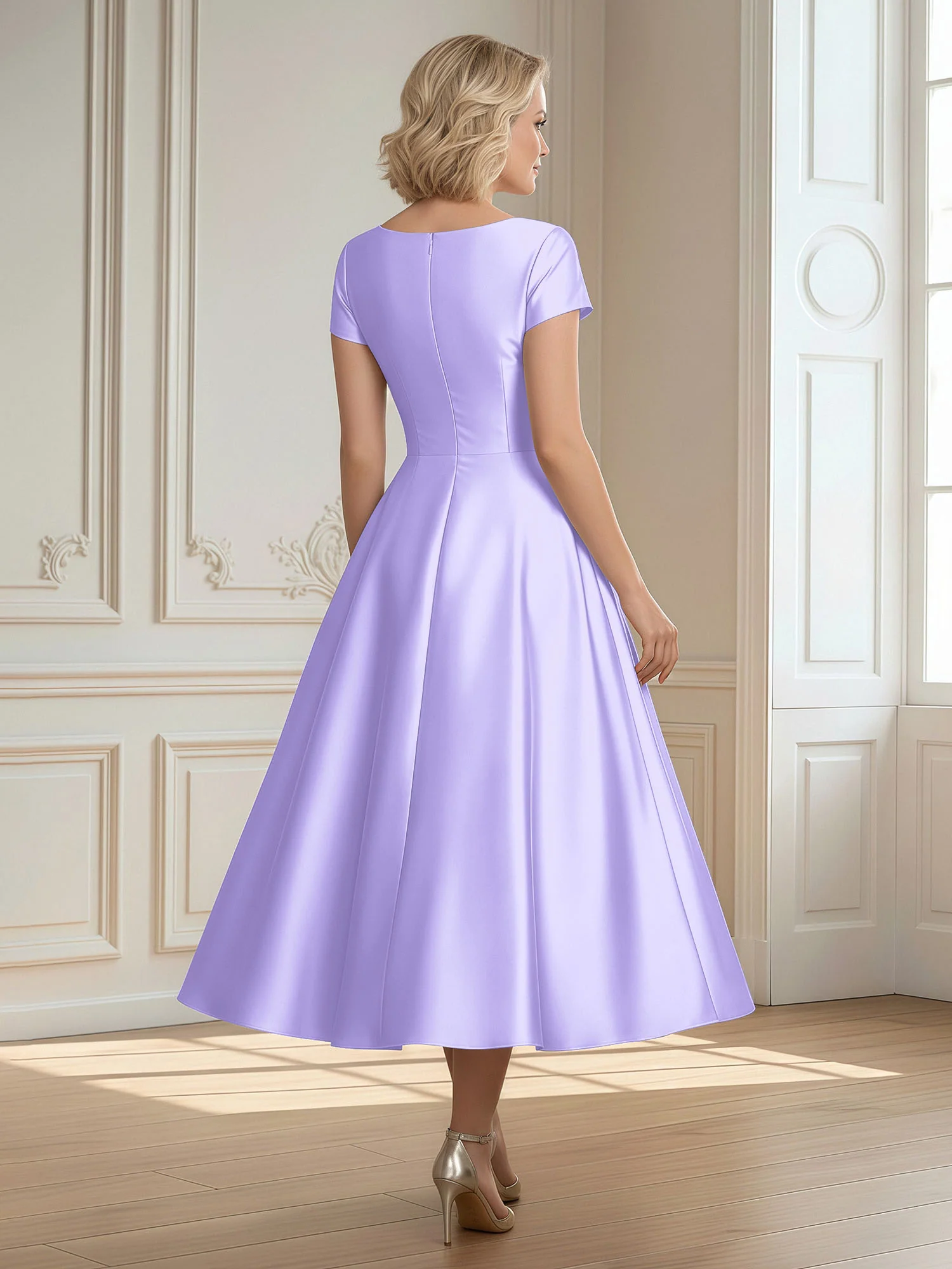 A-Line Scoop Satin Tea-Length Dress With Pleated Lilac - Image 2