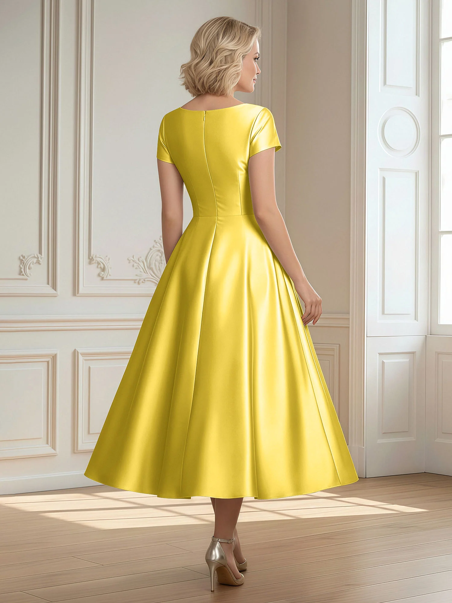 A-Line Scoop Satin Tea-Length Dress With Pleated Marigold - Image 2