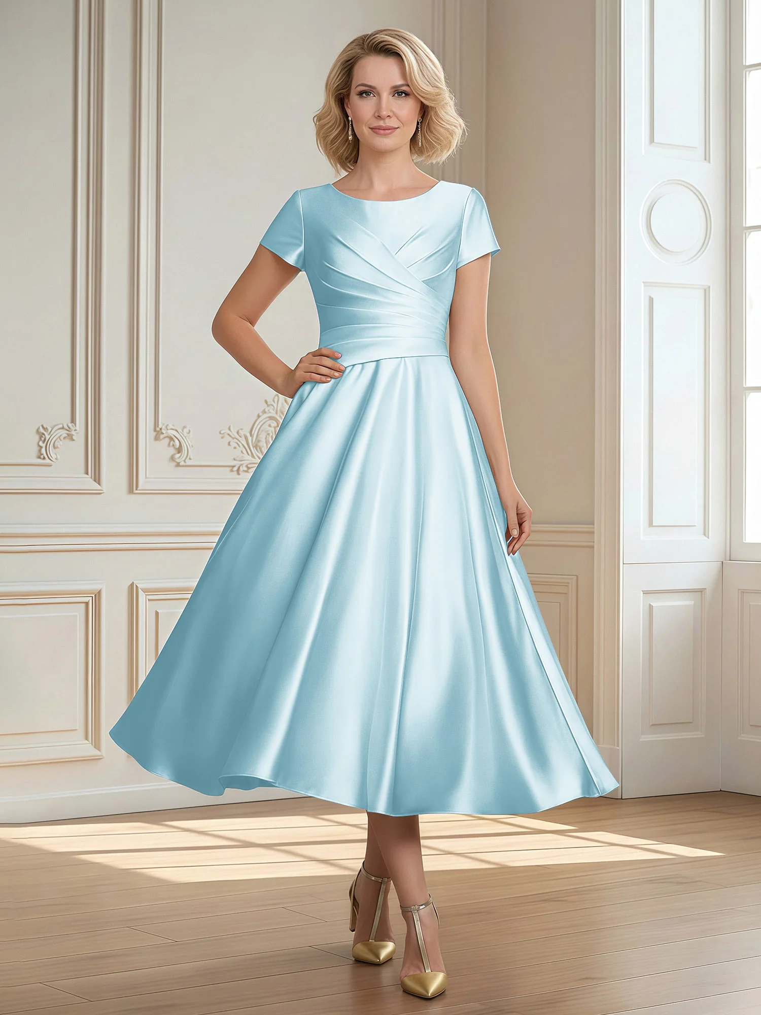 A-Line Scoop Satin Tea-Length Dress With Pleated Mist