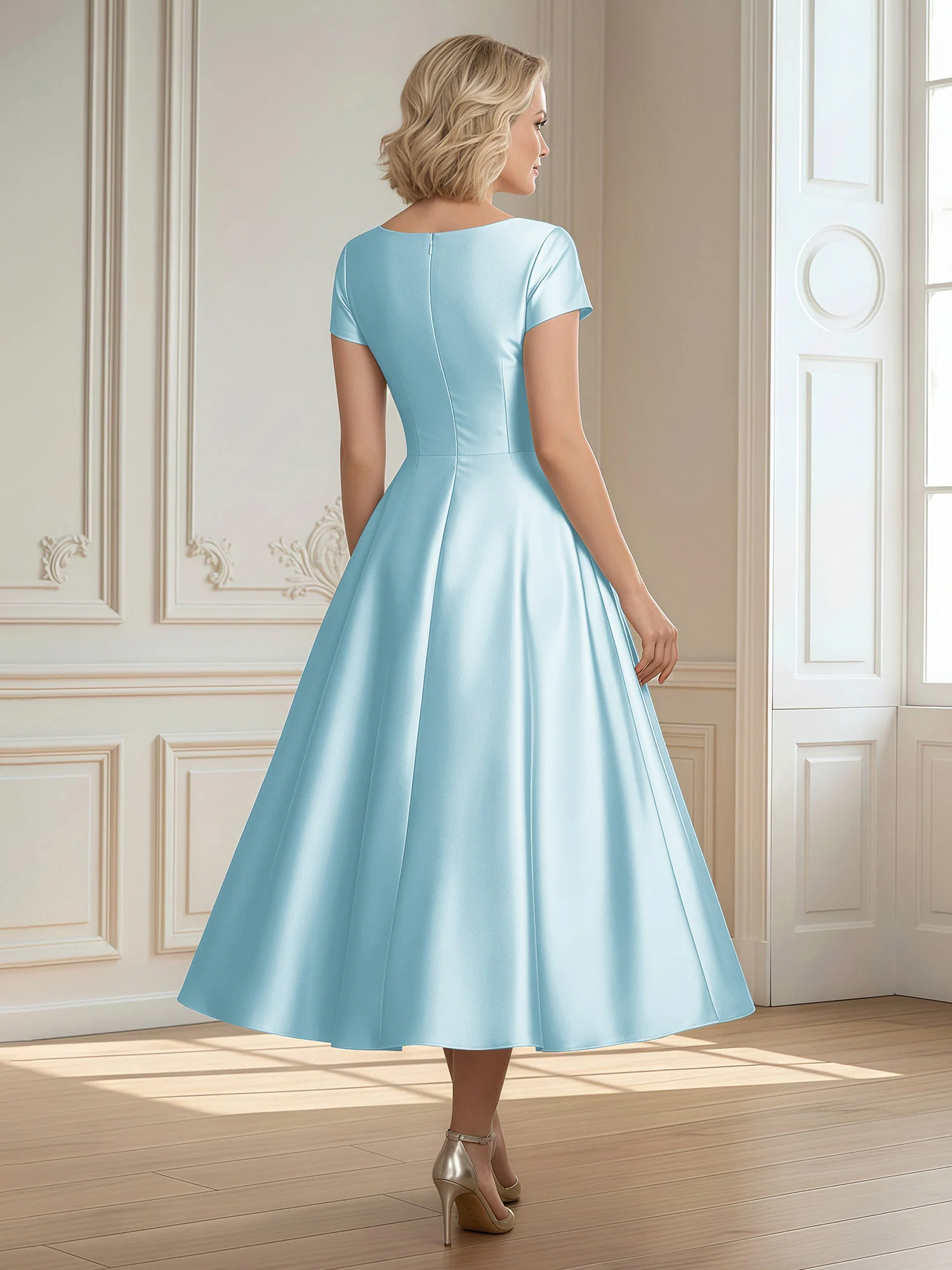 A-Line Scoop Satin Tea-Length Dress With Pleated Mist - Image 2