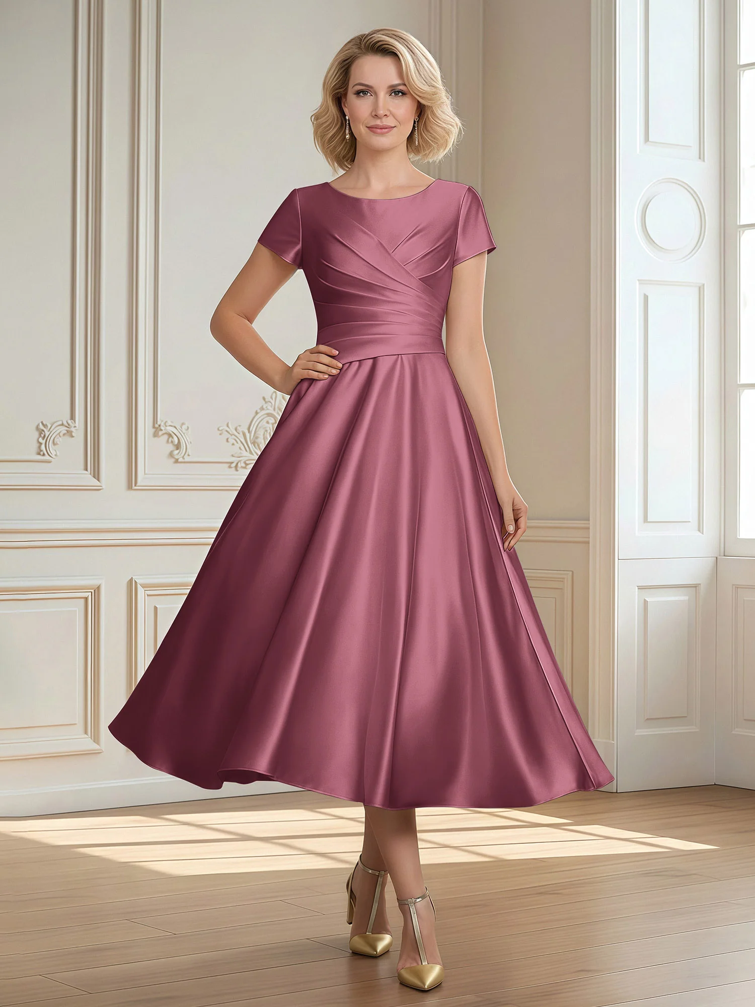 A-Line Scoop Satin Tea-Length Dress With Pleated Mulberry