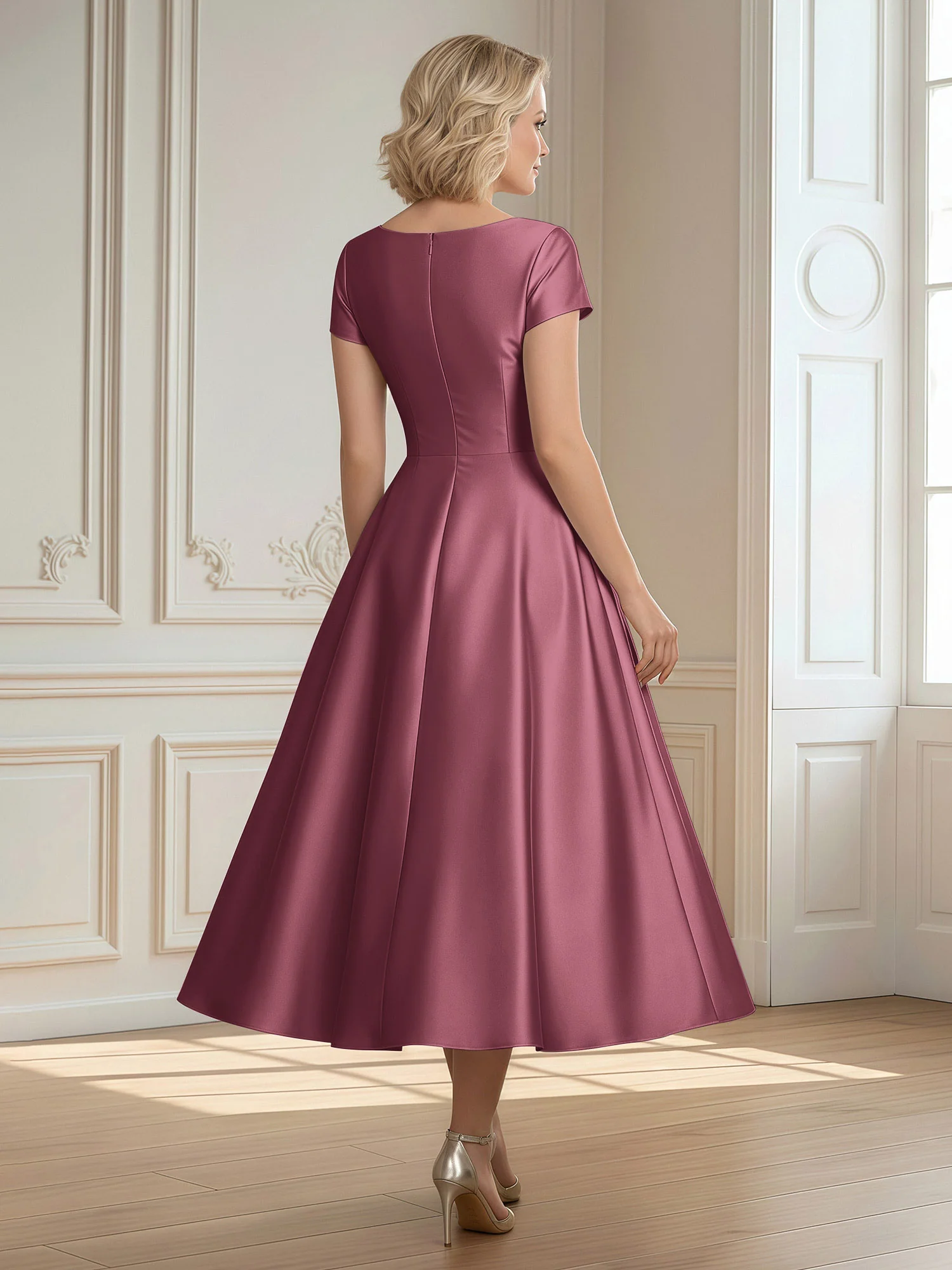 A-Line Scoop Satin Tea-Length Dress With Pleated Mulberry - Image 2