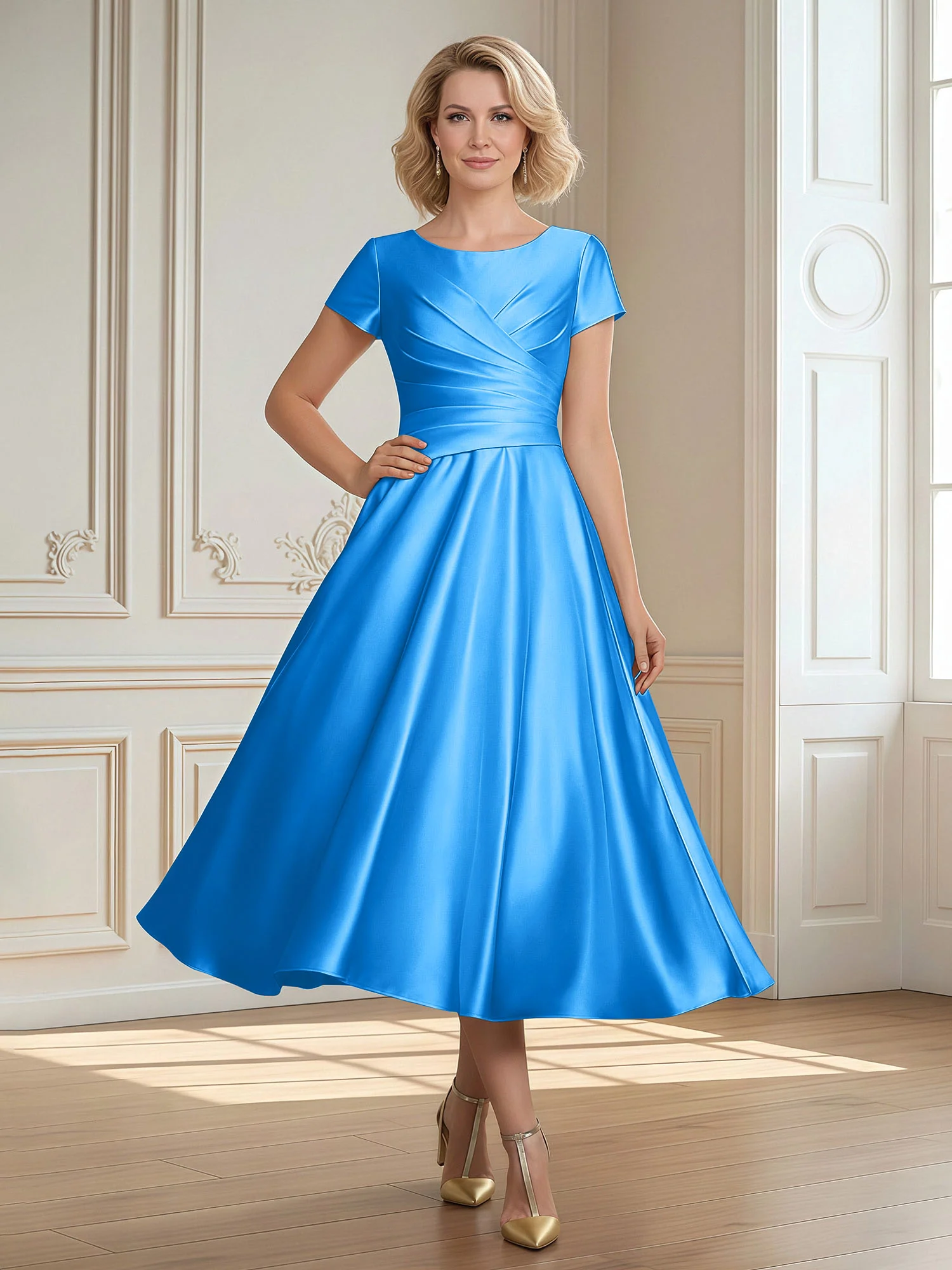 A-Line Scoop Satin Tea-Length Dress With Pleated Ocean Blue