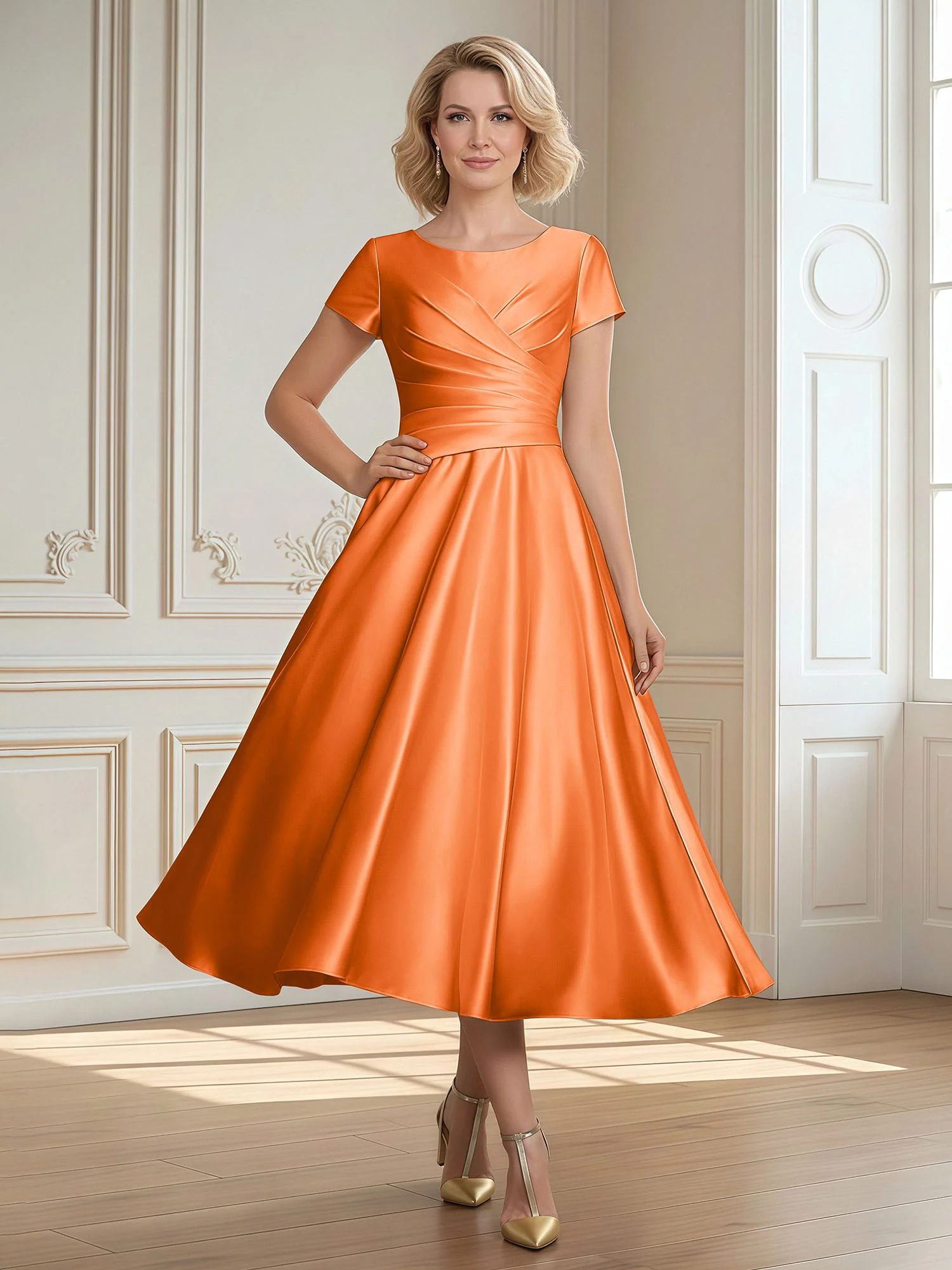 A-Line Scoop Satin Tea-Length Dress With Pleated Orange