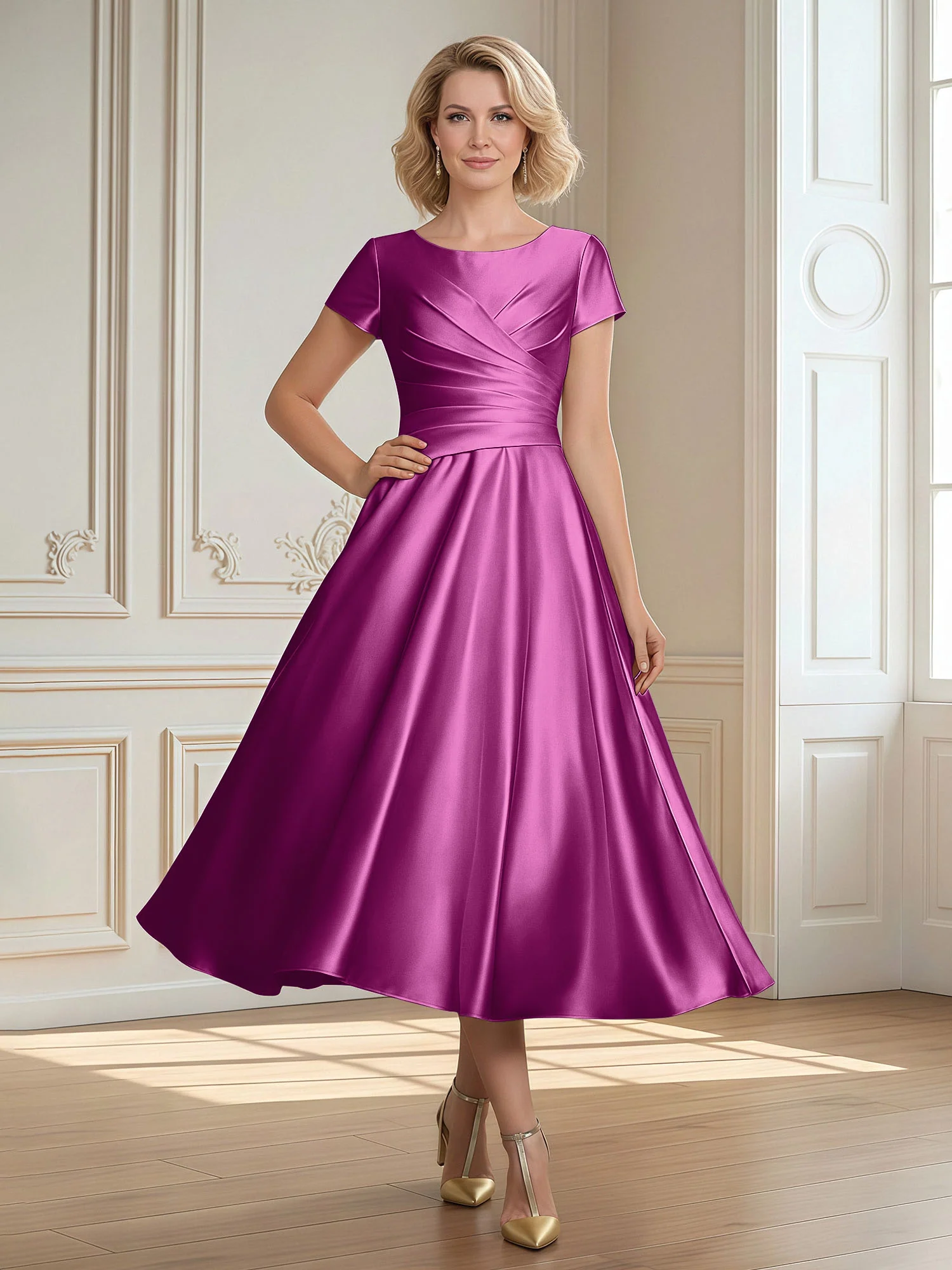 A-Line Scoop Satin Tea-Length Dress With Pleated Orchid