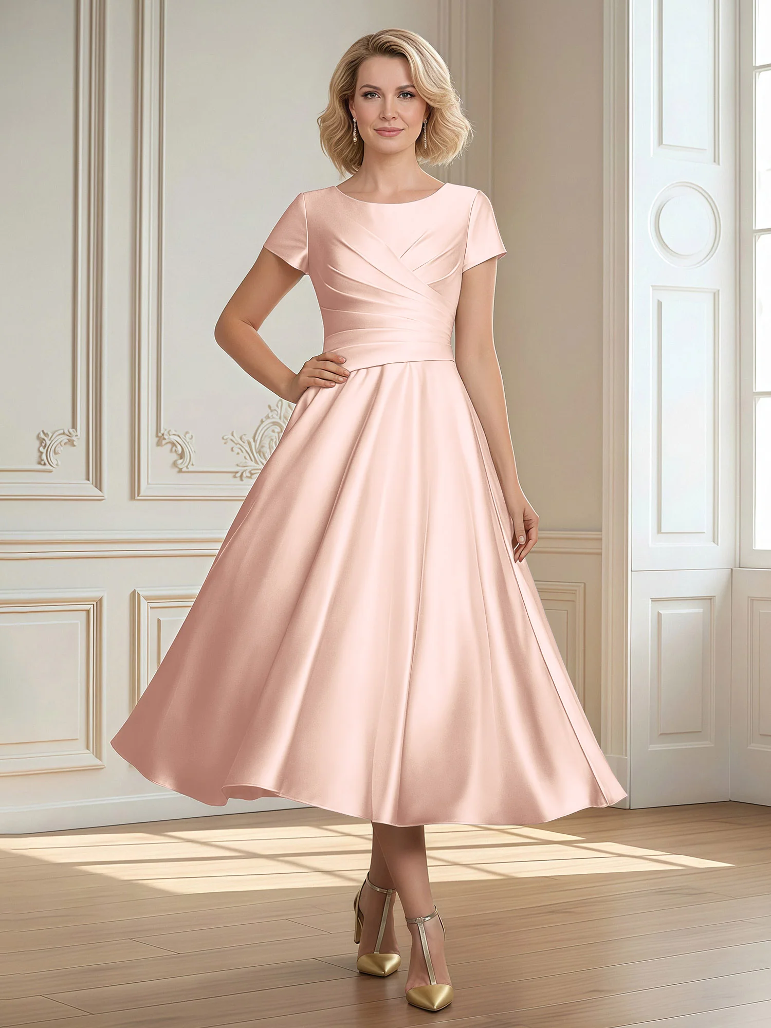 A-Line Scoop Satin Tea-Length Dress With Pleated Pearl Pink