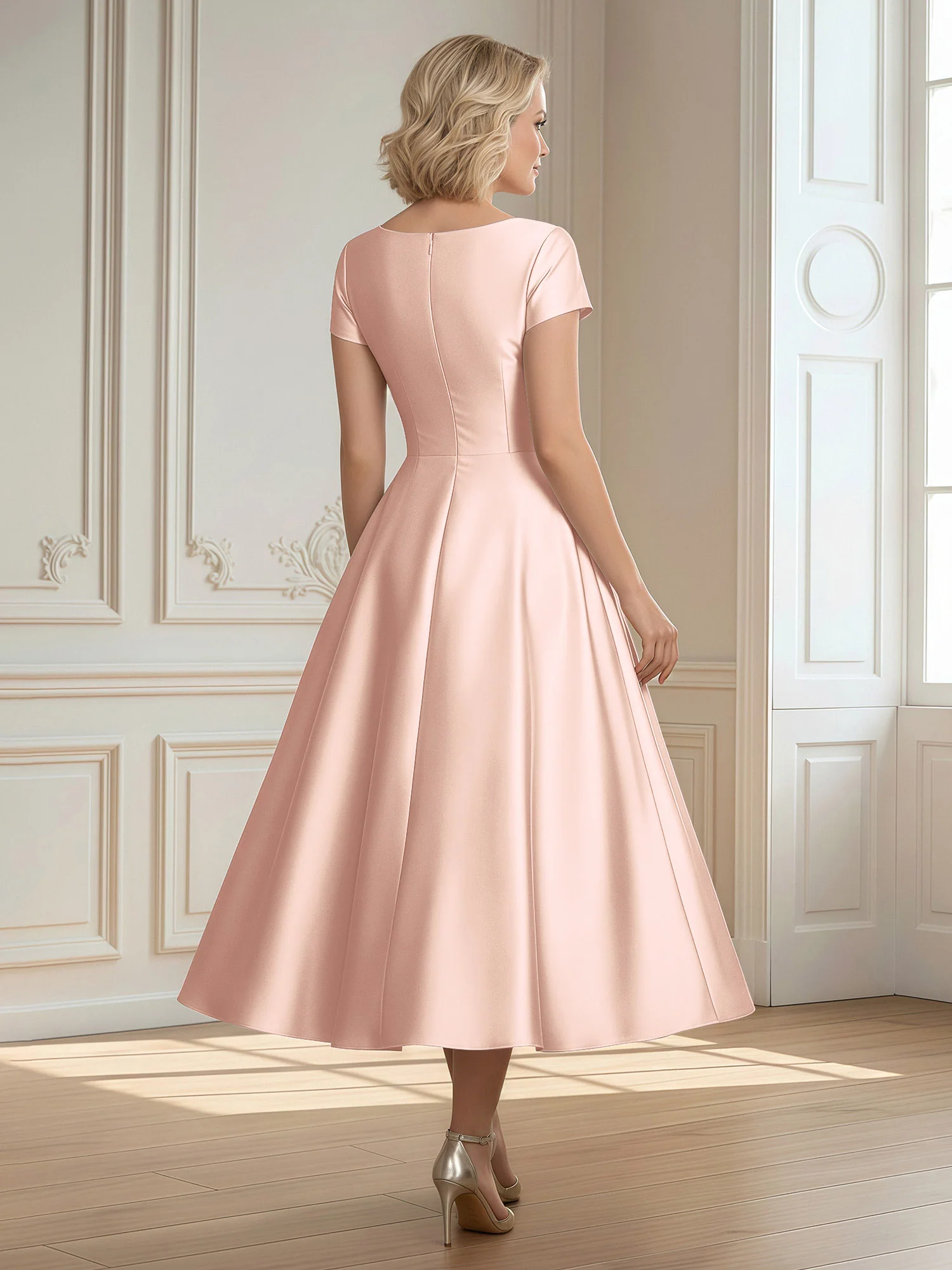 A-Line Scoop Satin Tea-Length Dress With Pleated Pearl Pink - Image 2