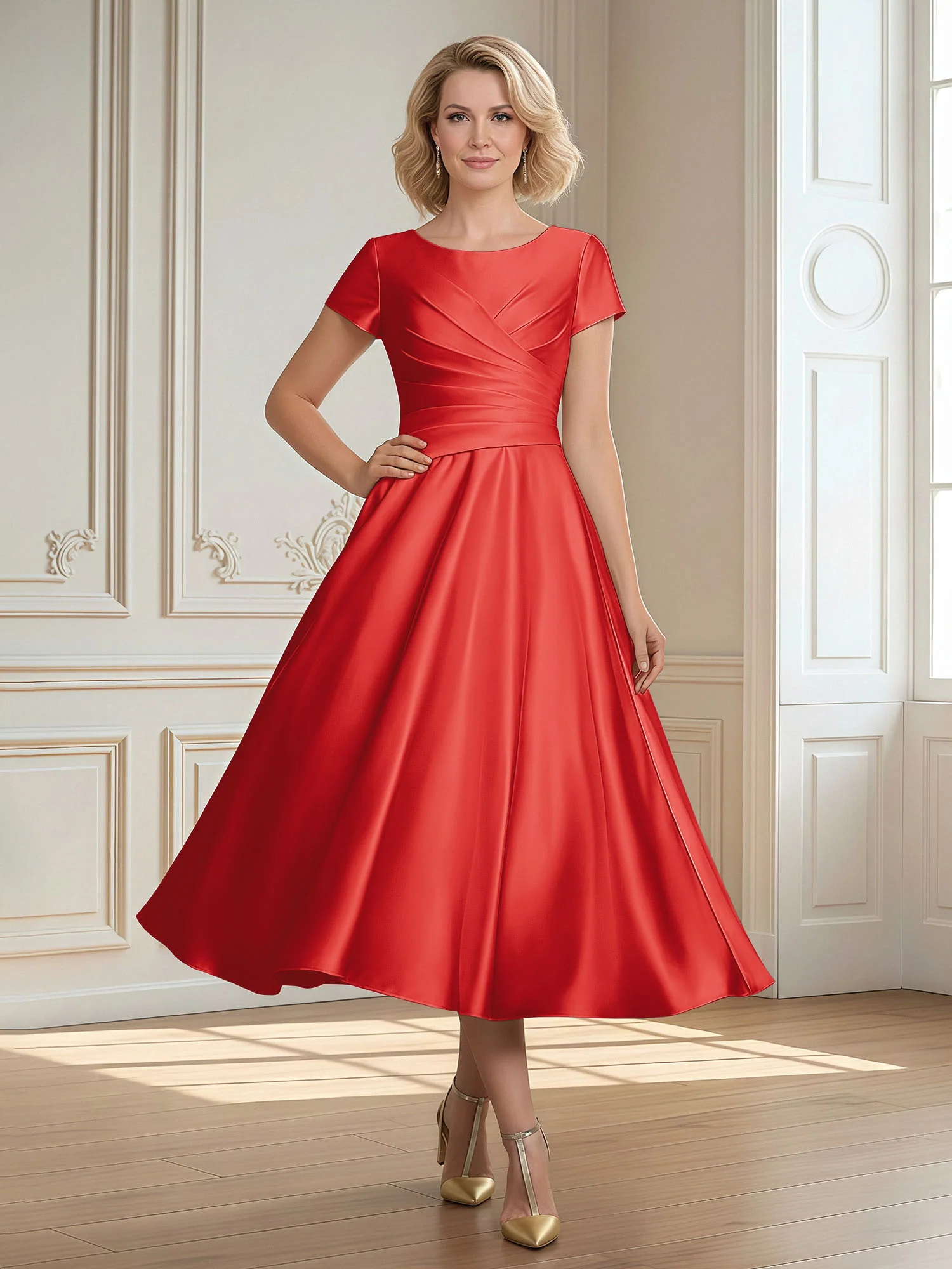 A-Line Scoop Satin Tea-Length Dress With Pleated Red