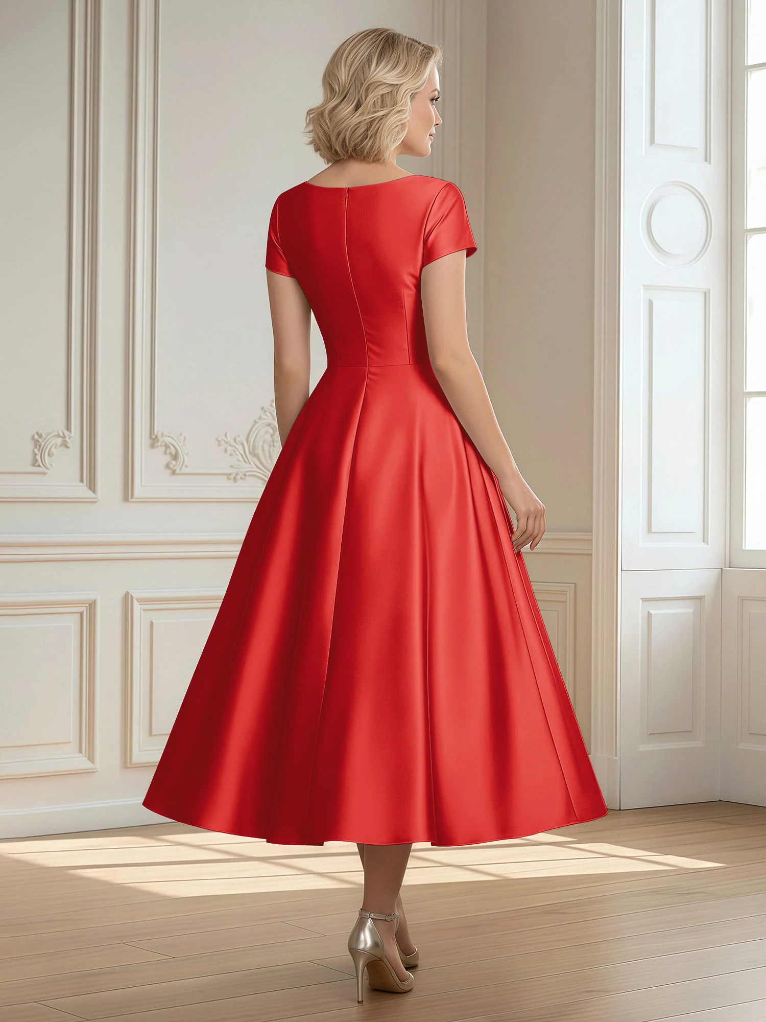 A-Line Scoop Satin Tea-Length Dress With Pleated Red - Image 2