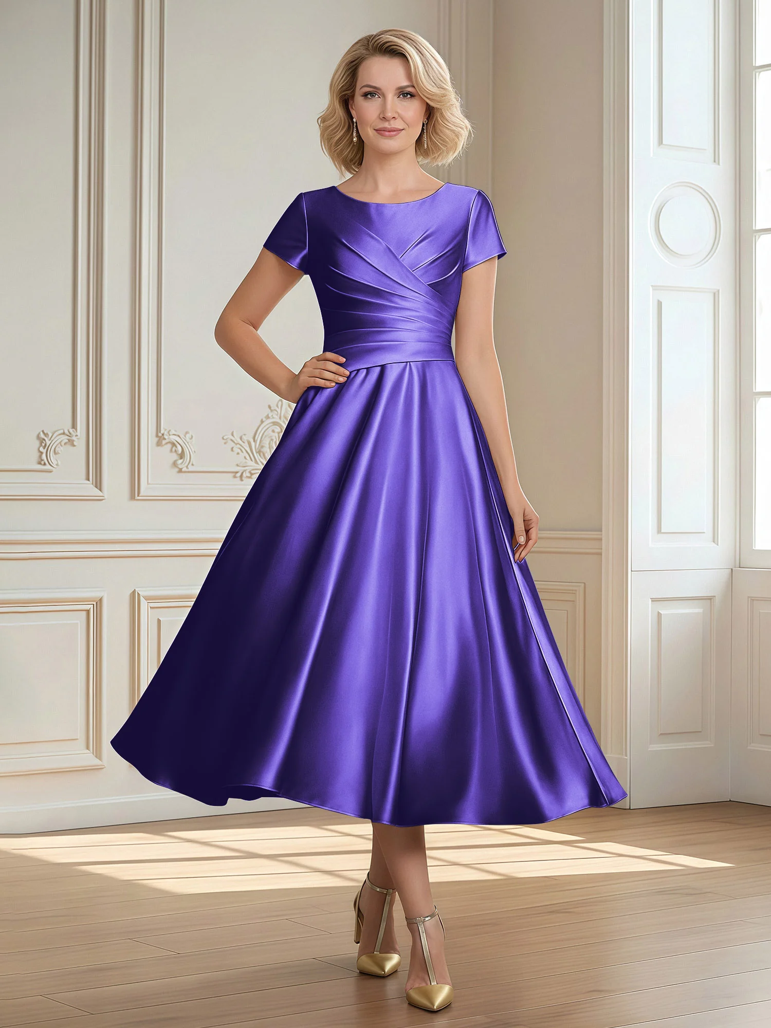 A-Line Scoop Satin Tea-Length Dress With Pleated Regency