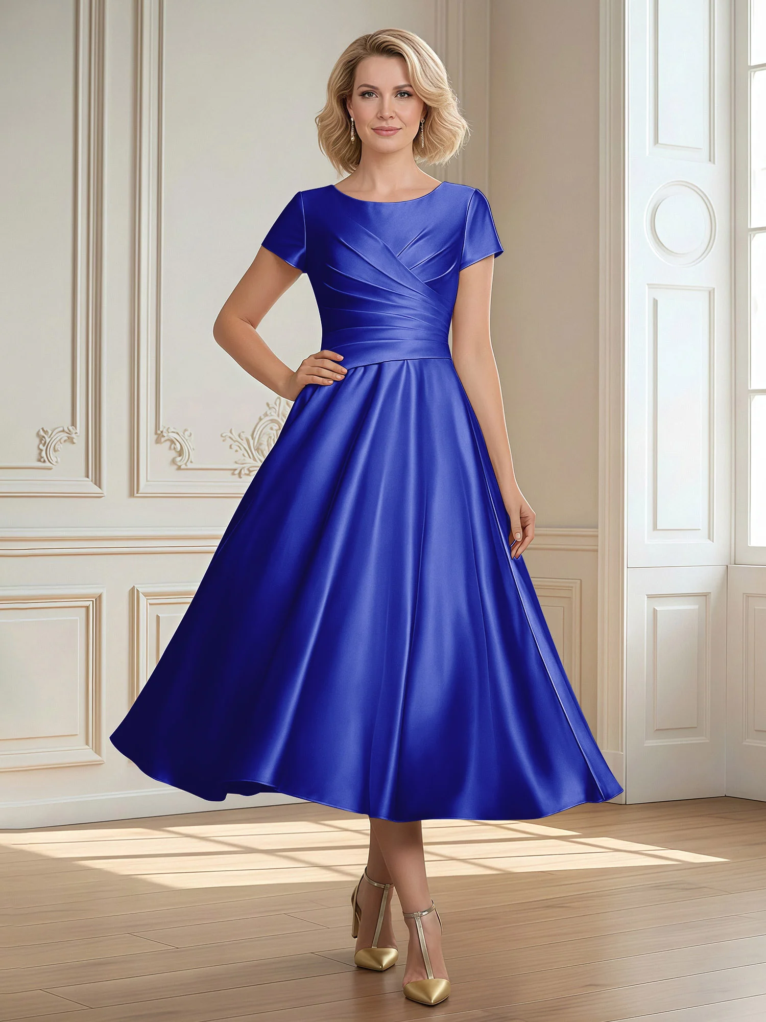 A-Line Scoop Satin Tea-Length Dress With Pleated Royal Blue