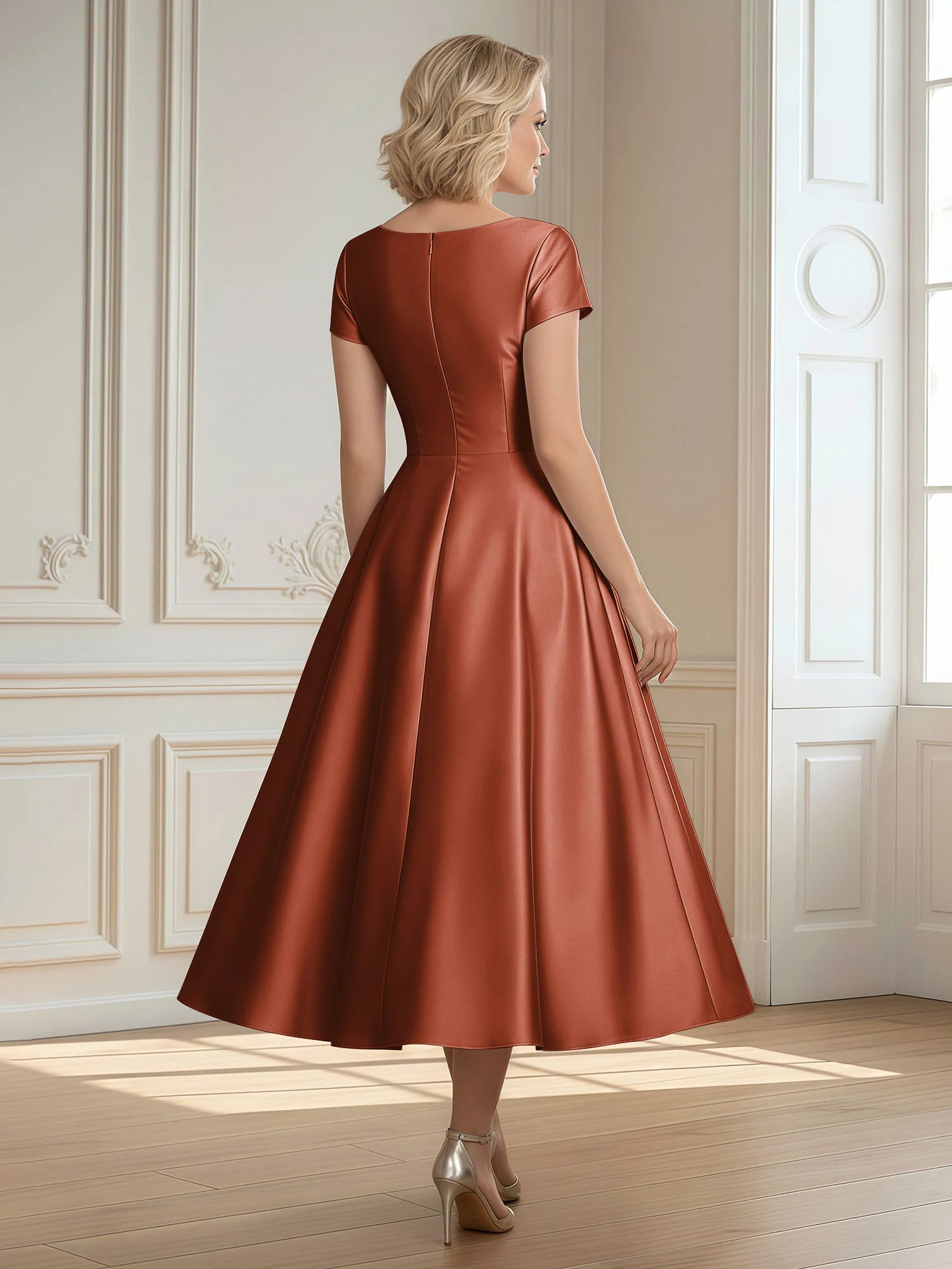 A-Line Scoop Satin Tea-Length Dress With Pleated Rust - Image 2