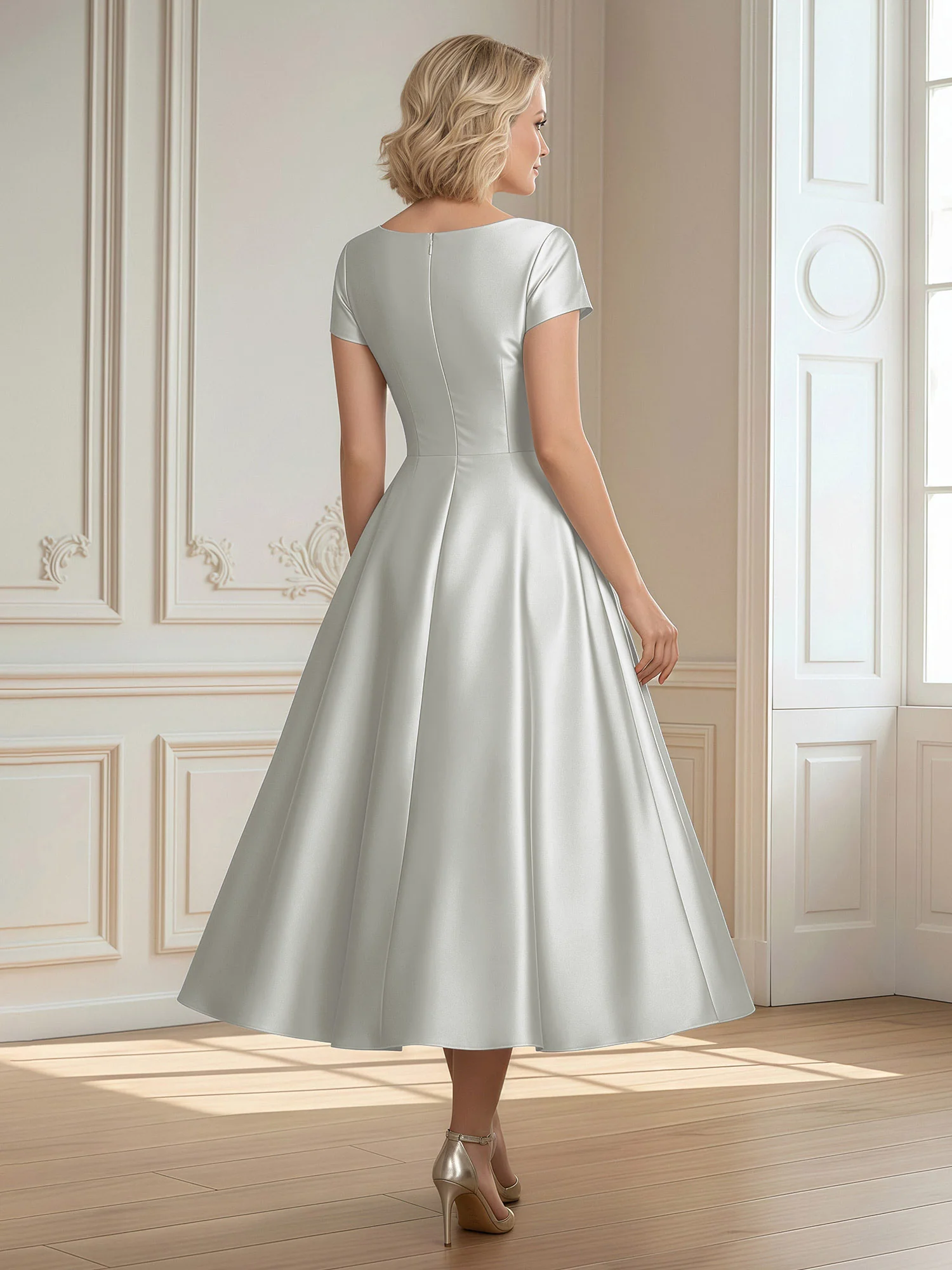 A-Line Scoop Satin Tea-Length Dress With Pleated Silver - Image 2