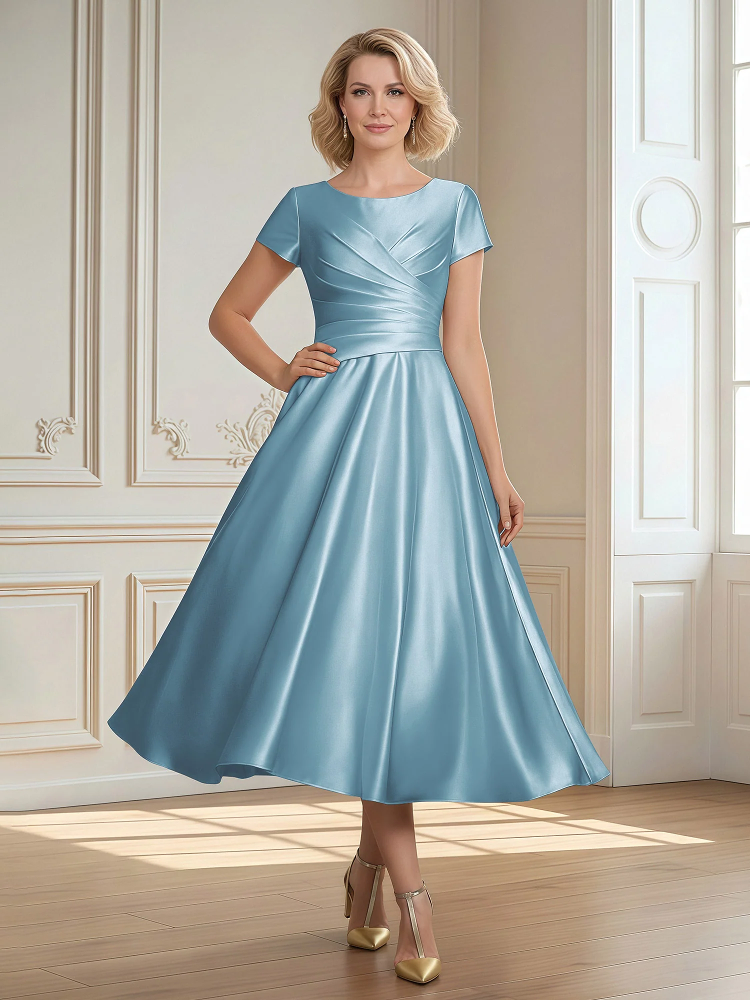 A-Line Scoop Satin Tea-Length Dress With Pleated Slate Blue