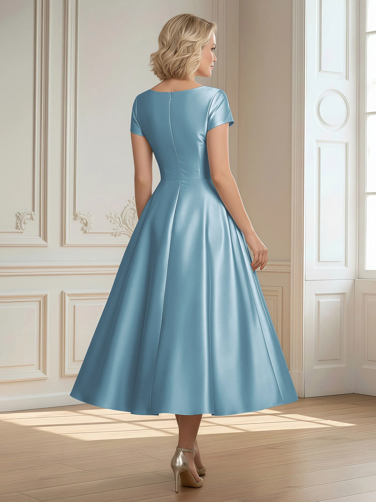 A-Line Scoop Satin Tea-Length Dress With Pleated Slate Blue - Image 2