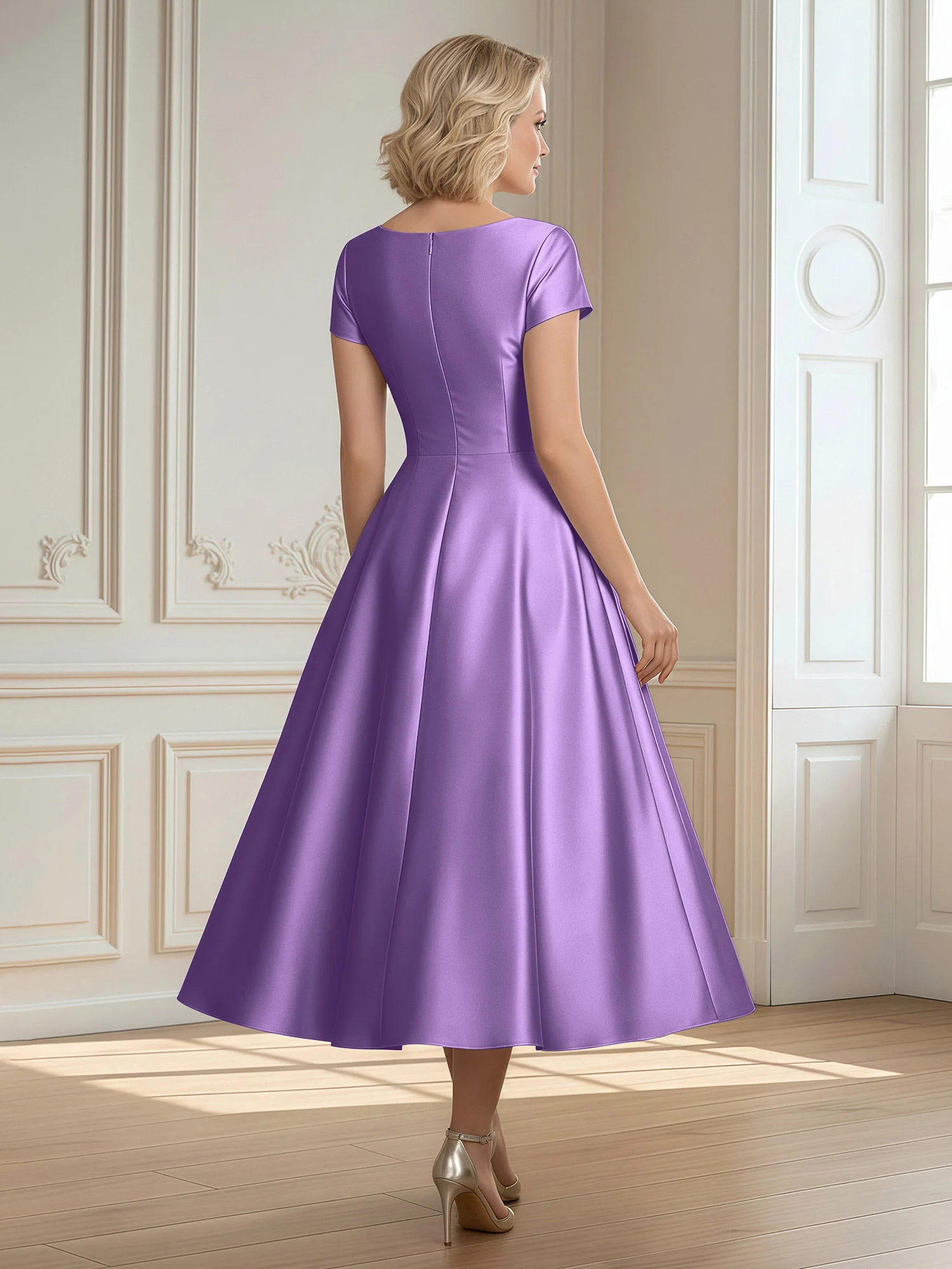 A-Line Scoop Satin Tea-Length Dress With Pleated Tahiti - Image 2