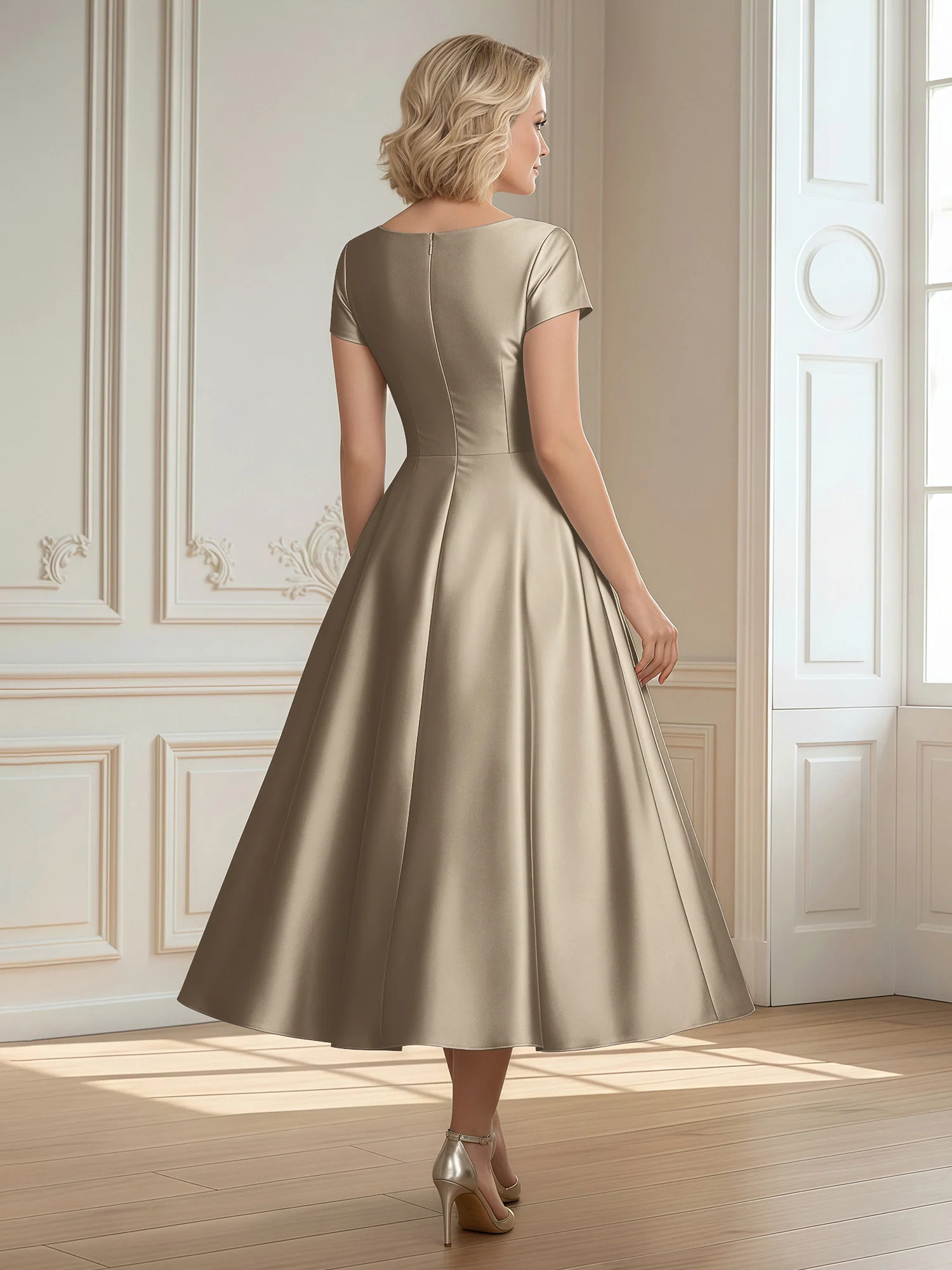 A-Line Scoop Satin Tea-Length Dress With Pleated Taupe - Image 2