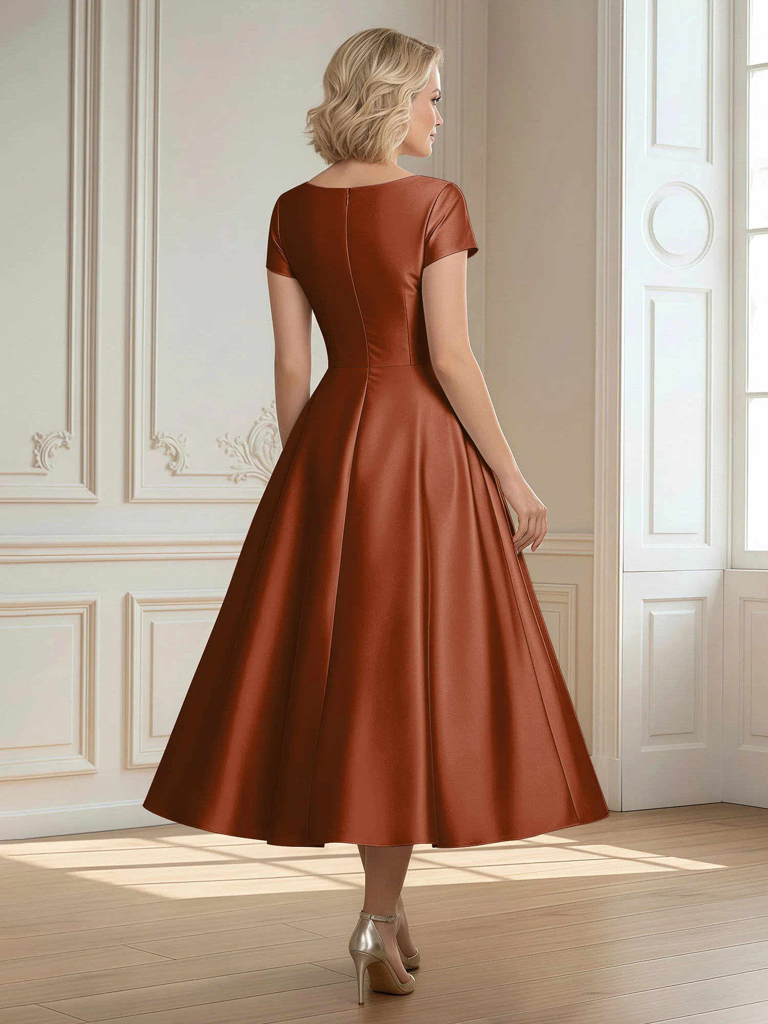 A-Line Scoop Satin Tea-Length Dress With Pleated Terracotta - Image 2
